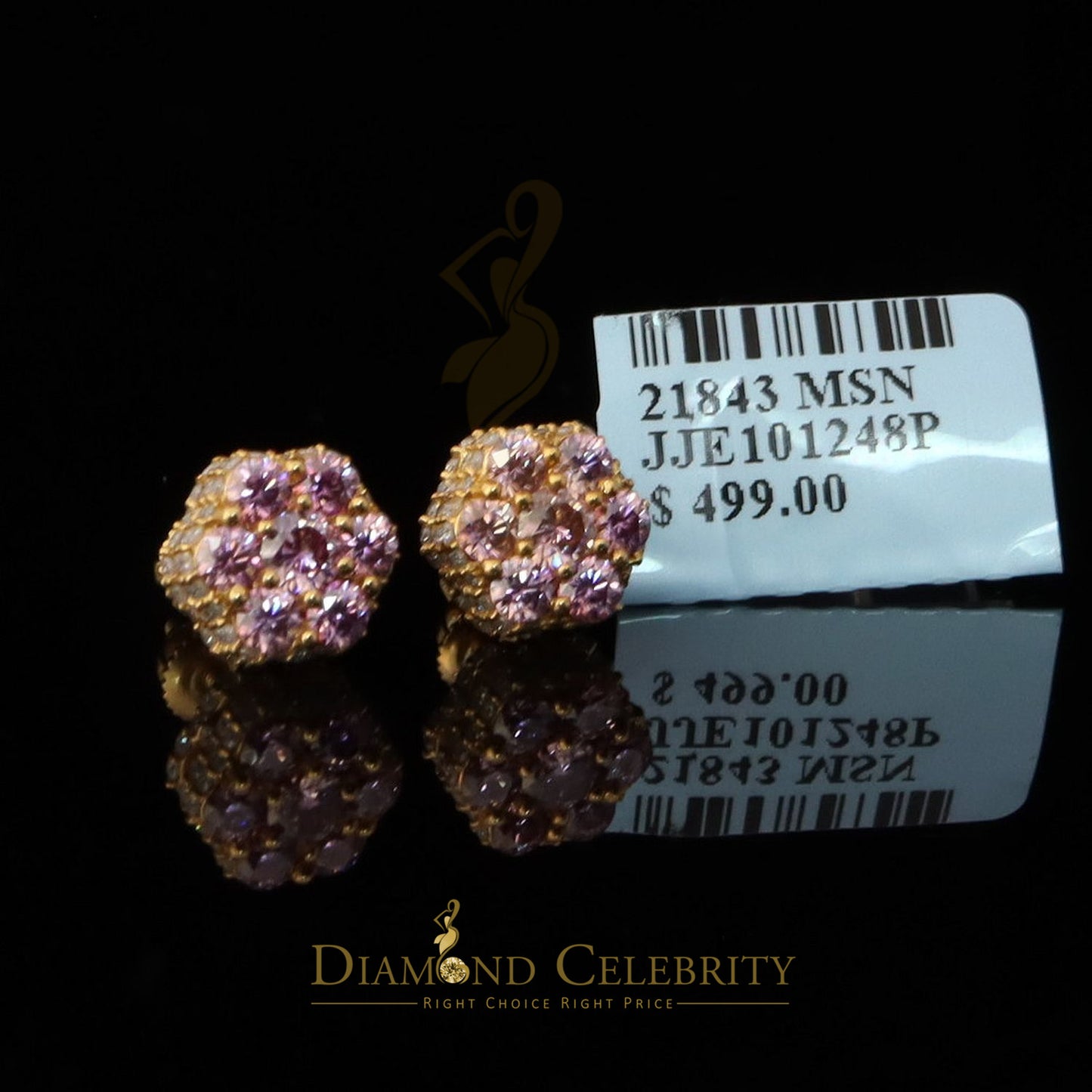 DiamondCelebritees 2.00 CT VVS D Pink Moissanite Women's 925 Yellow Silver 3D Floral Stud Earrings