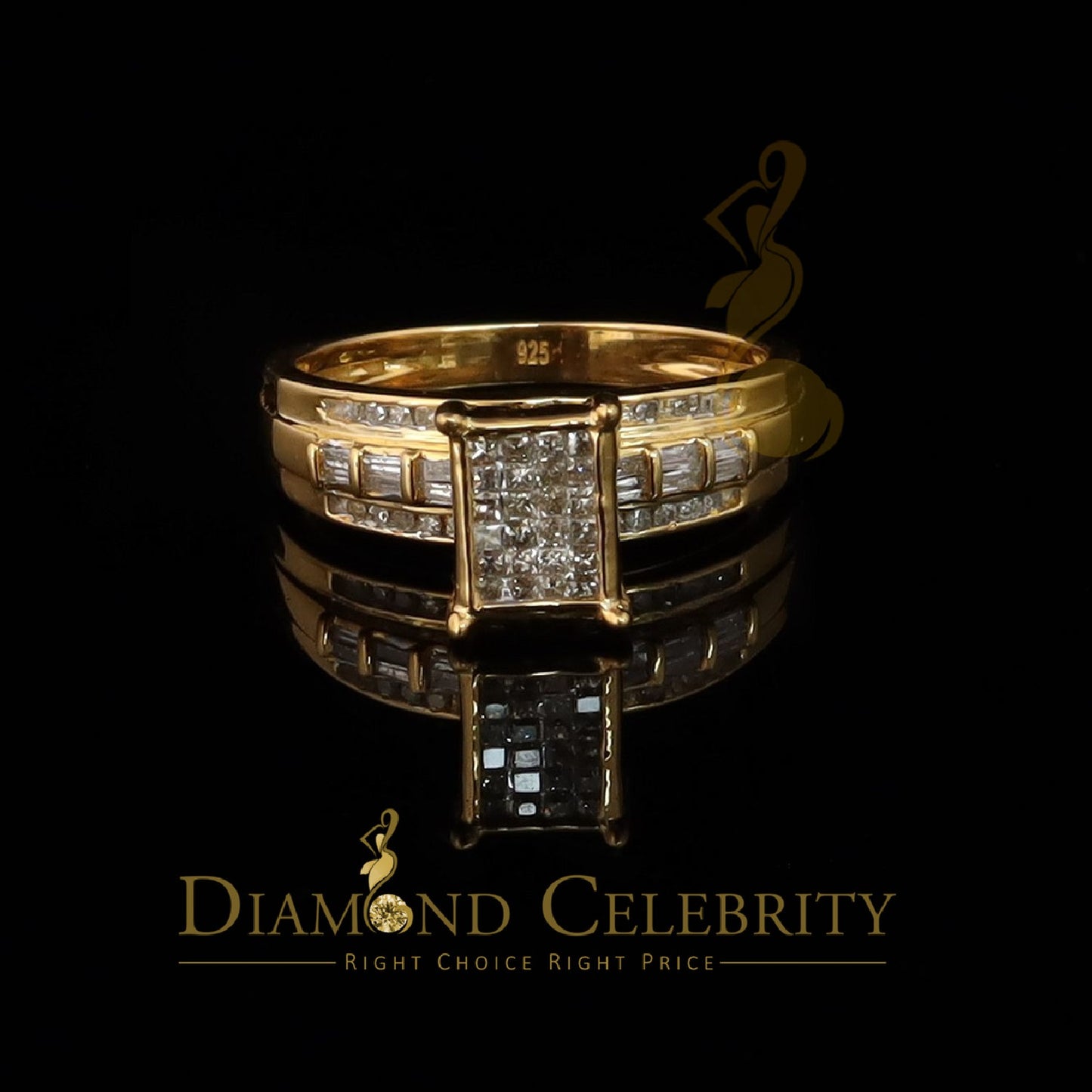 DiamondCelebritees 925 Yellow Silver with Real Diamond 0.33ct Cinderella Engagement Ring Size 7.5