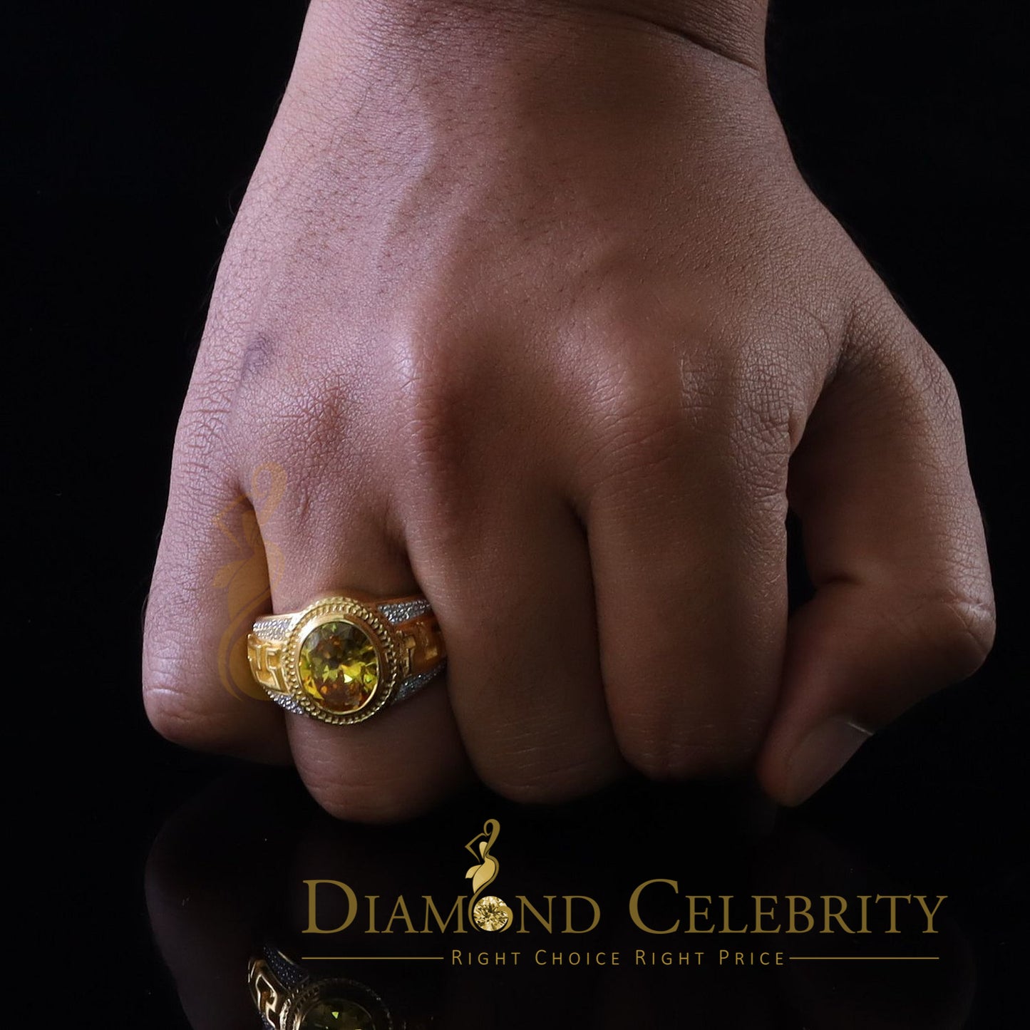 DiamondCelebritees 8.10ct Yellow Silver Oval Cubic Zirconia Men Adjustable Ring From SZ 9 to 11