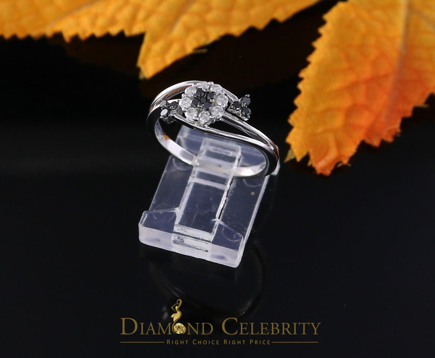 DiamondCelebritees Real 10kt White Gold Real 0.33CT Diamond Floral Shape Black Stone Ring size 7