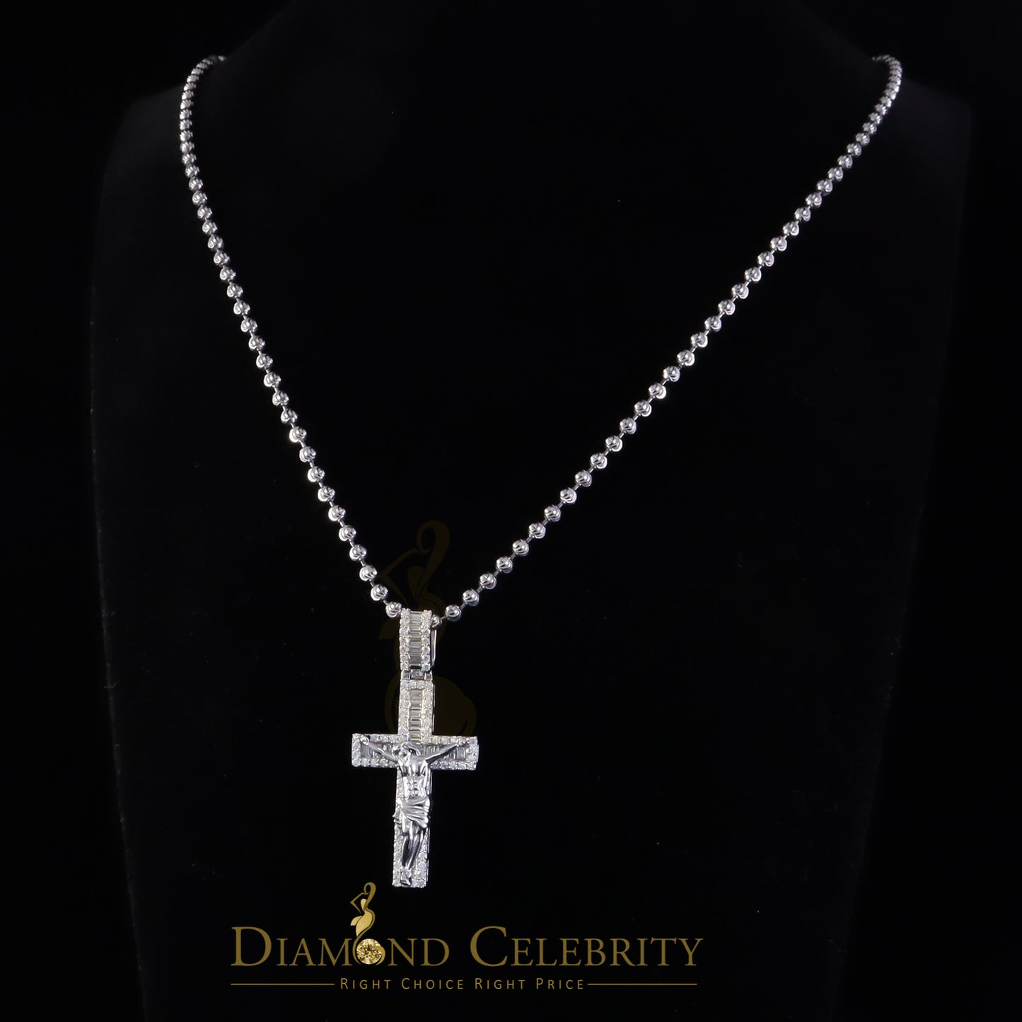 Diamondcelebritees New Mens 2.25ct VVS D Clr. Moissanite Baguette Jesus Cross Pendant White Silver