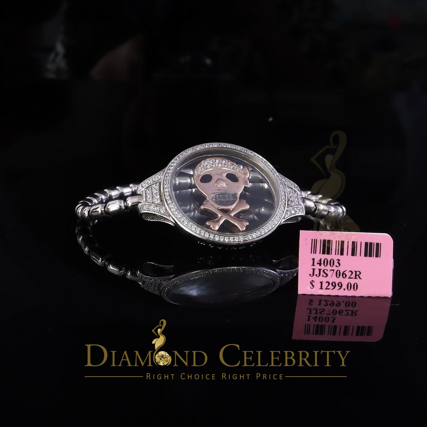 Diamondcelebritees Floating Face Skull Silver White Bracelete Iced Out with Cubic Zirconia SZ 7Inch