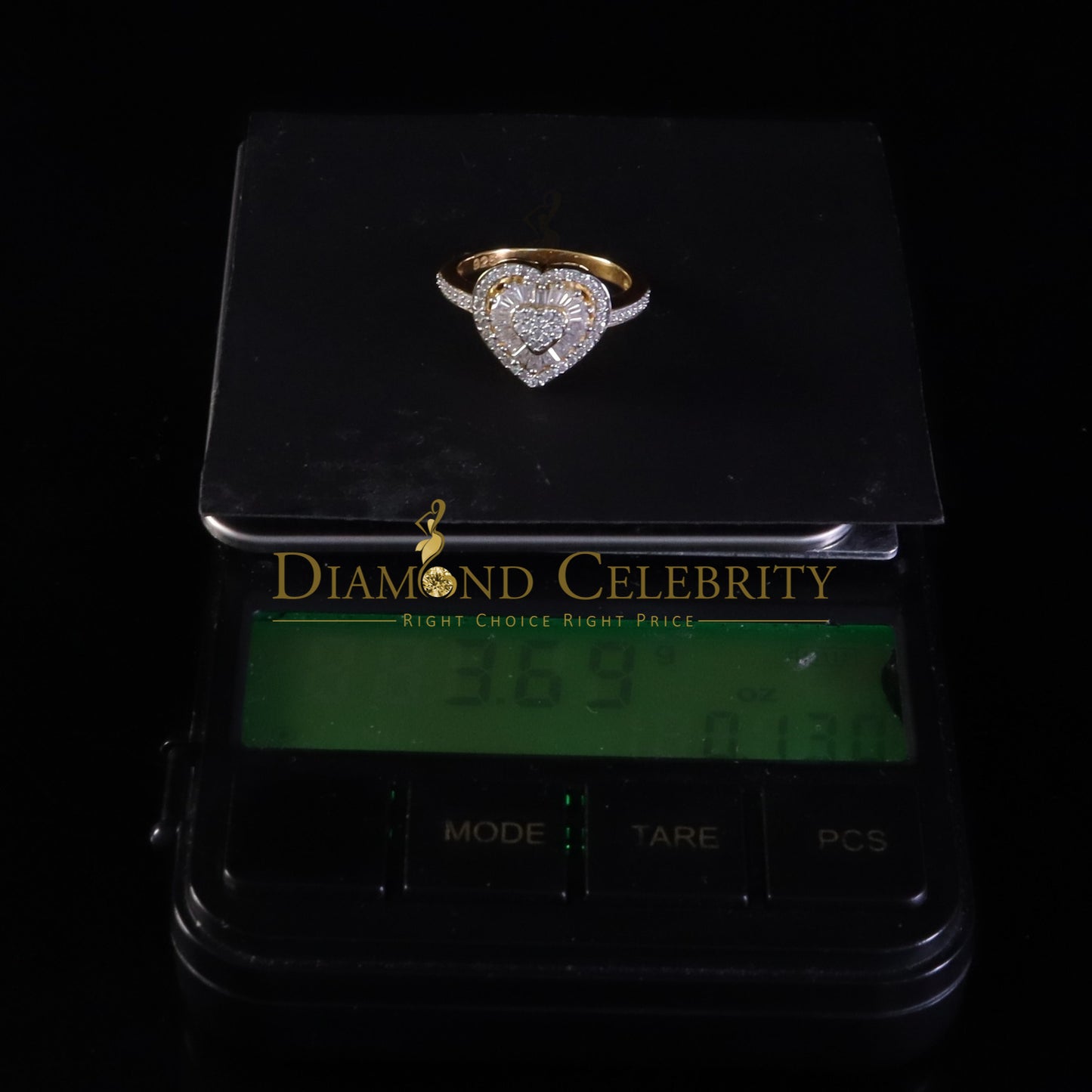 DiamondCelebritees Moissanite 925 Yellow Silver 1.00ct VVS 'D' Baguette Heart Rings Women's Size 7