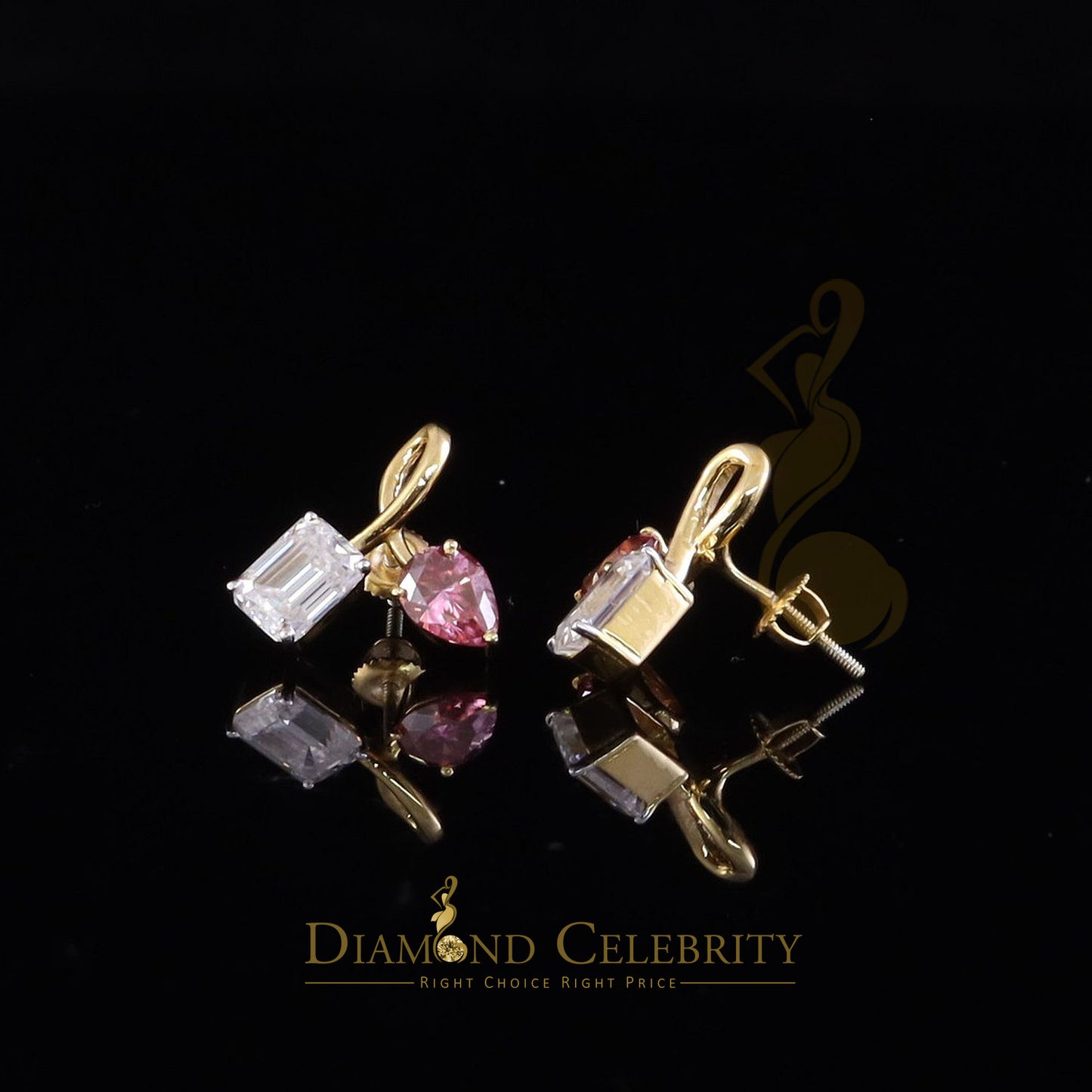 DiamondCelebritees Women's 925 Silver Yellow 3.50ct VVS D Pink Moissanite Toi et Moi Stud Earrings