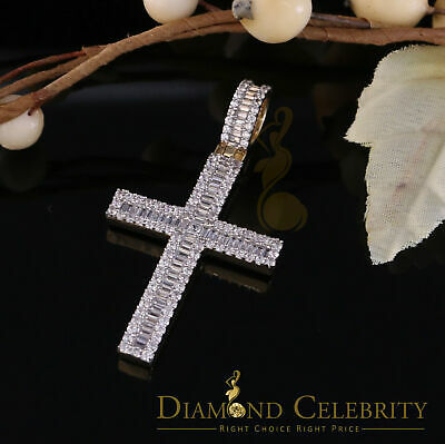 DiamondCelebritees Yellow 925 Sterling Silver Baguette Cross Pendant with 3.22ct Cubic Zirconia