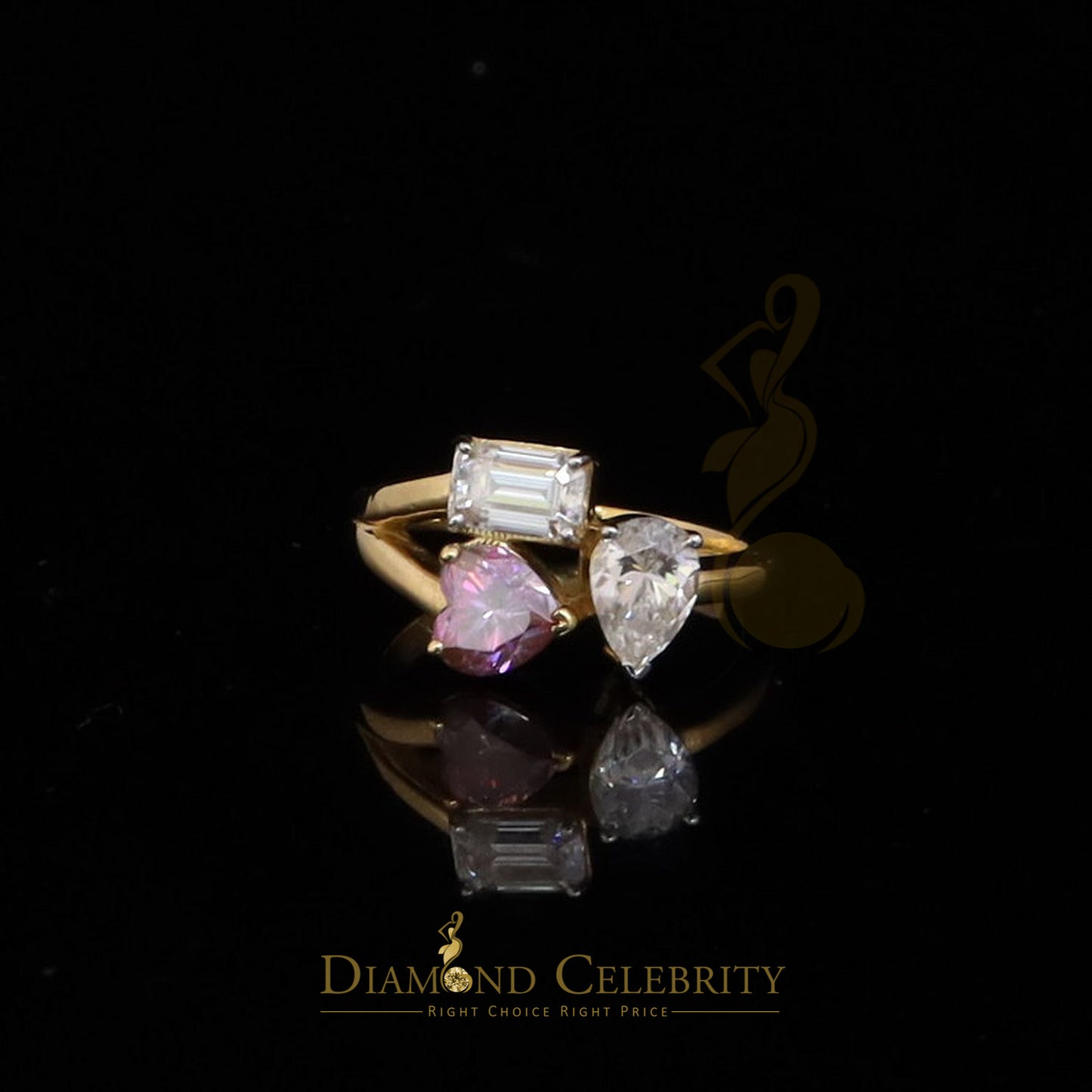DiamondCelebritees 2.50CT Women's 925 Silver Yellow VVS D Pink & White Moissanite Toi Moi Ring SZ7