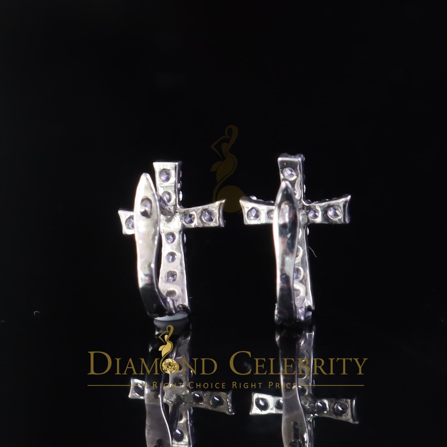 DiamondCelebritees 925 Silver Round Shape White Hip Hop Cross Stud Earrings 22 CZ Stones for Womens