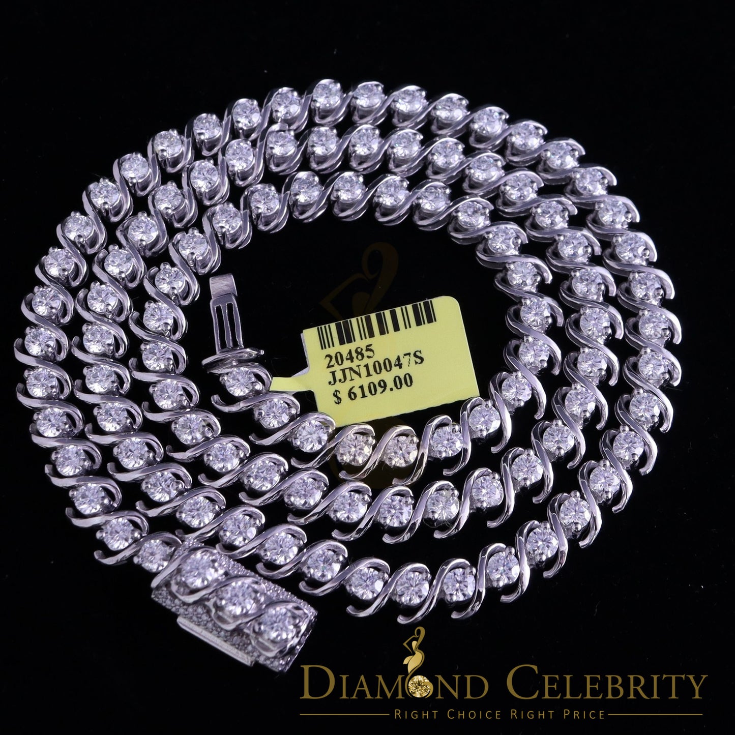 DiamondCelebritees 925 Silver White 20ct Moissanite Tennis Men's Necklace size 21.5 inch & Widt 6mm