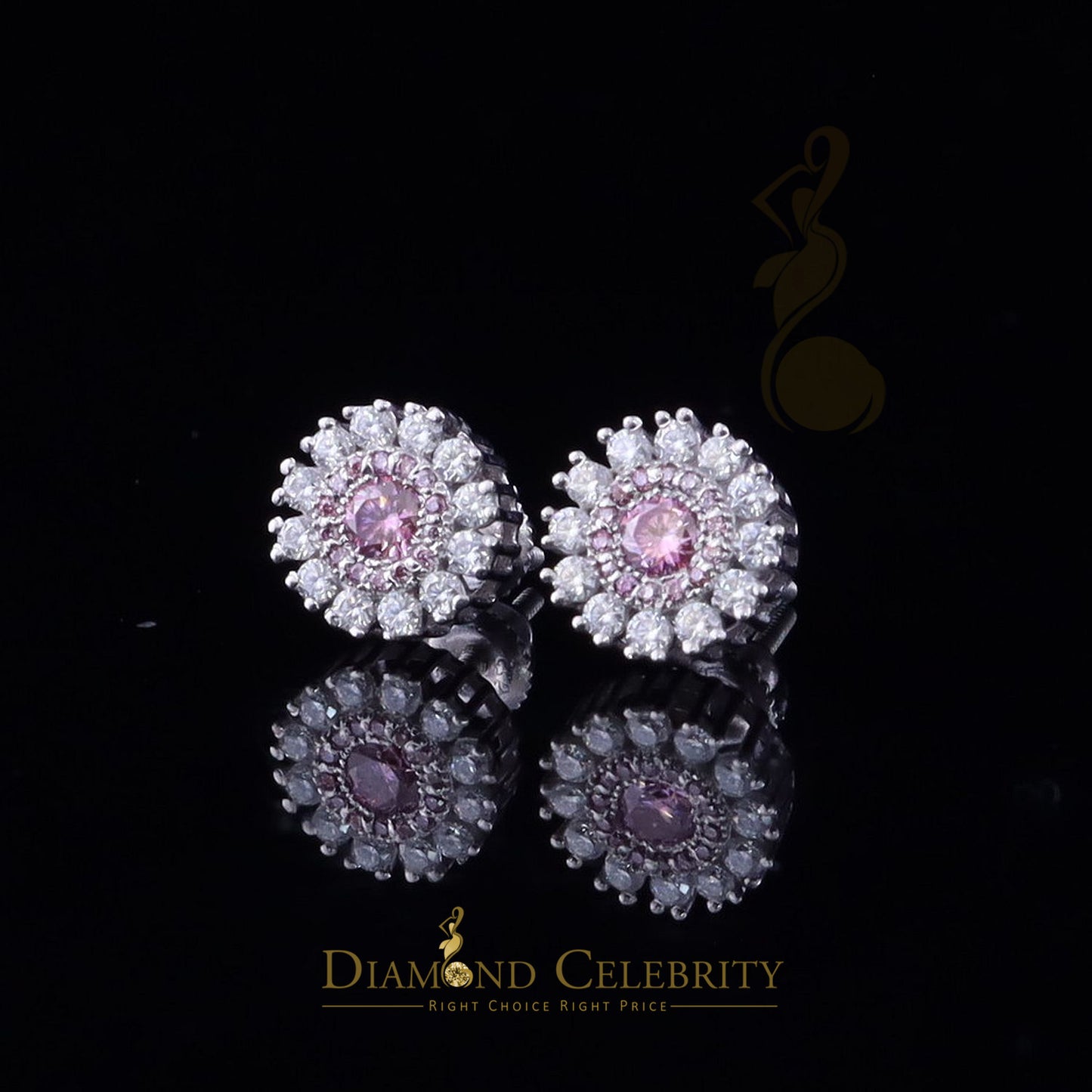 Diamondcelebritees 925 Silver White 1.00ct VVS 'D' Pink Moissanite Round Mens/Women's Stud Earrings