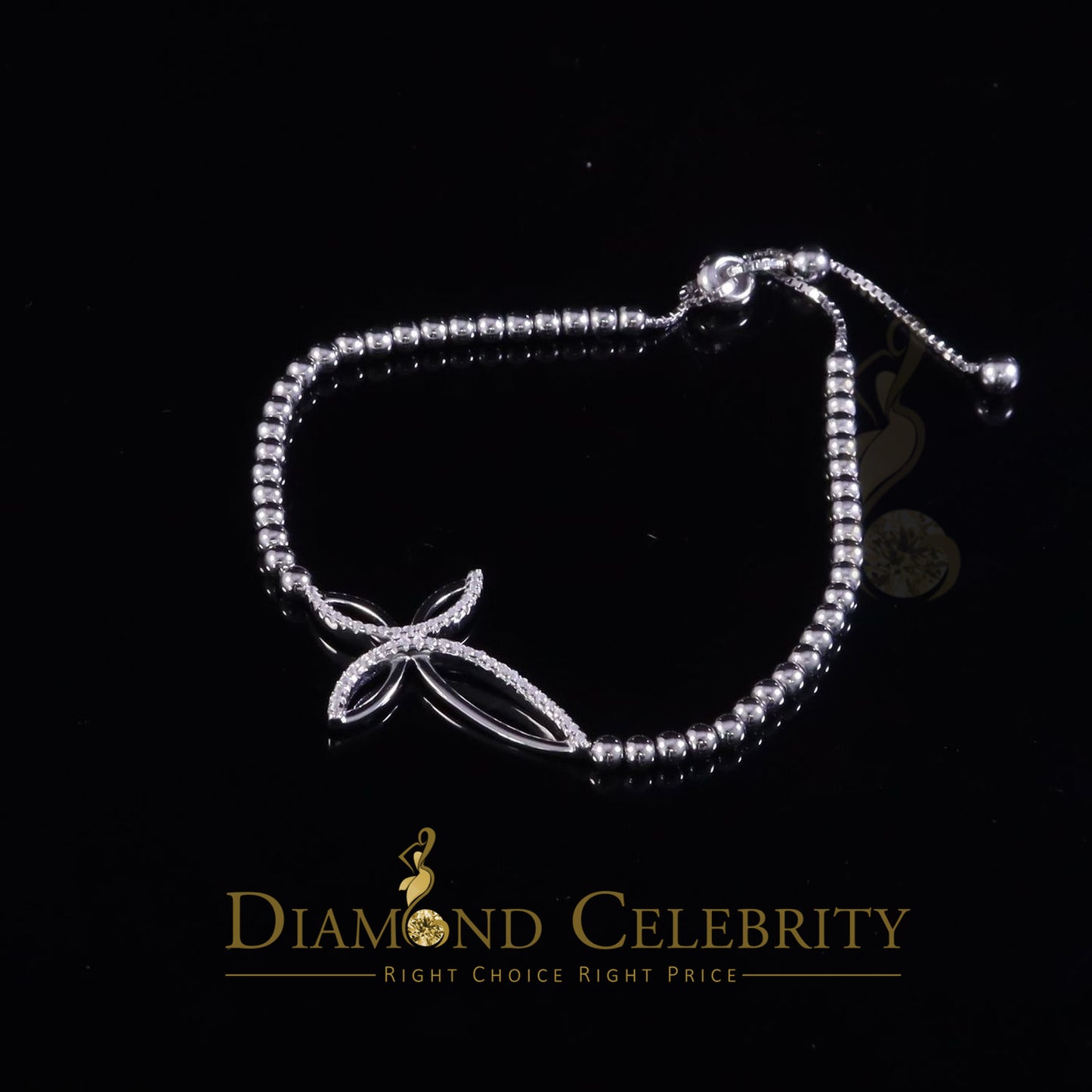 Diamondcelebritees Adjustable Cross Pearl Style Chain White Sterlng Silver Cubic Zirconia Bracelete