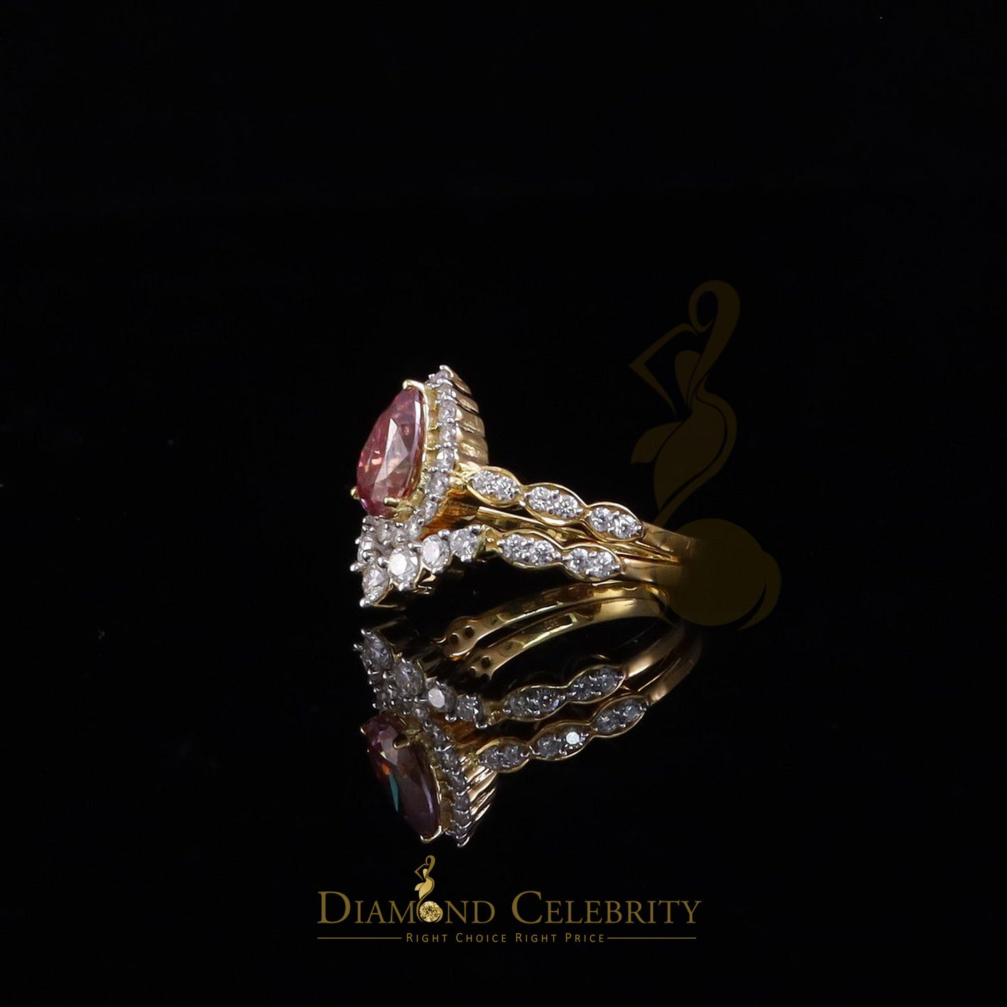DiamondCelebritees 2.50CTWomen's925SilverYellowVVS D Pink&White Moissanite PearShaped DoubleRingSZ7
