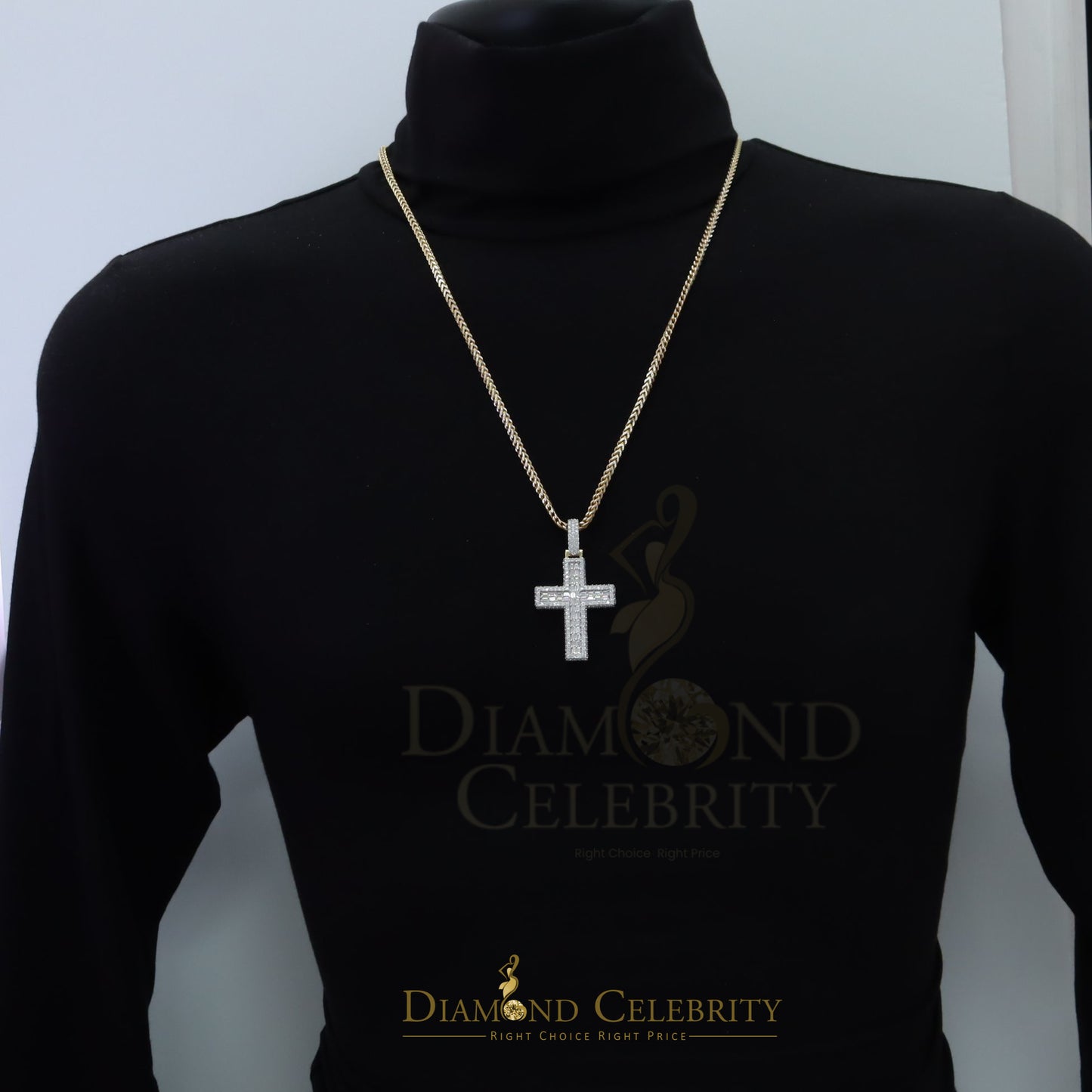 Diamondcelebritees Bagutte Moissanite 925 Yellow Silver Cross Pendant for Men's 7.50ct VVS D