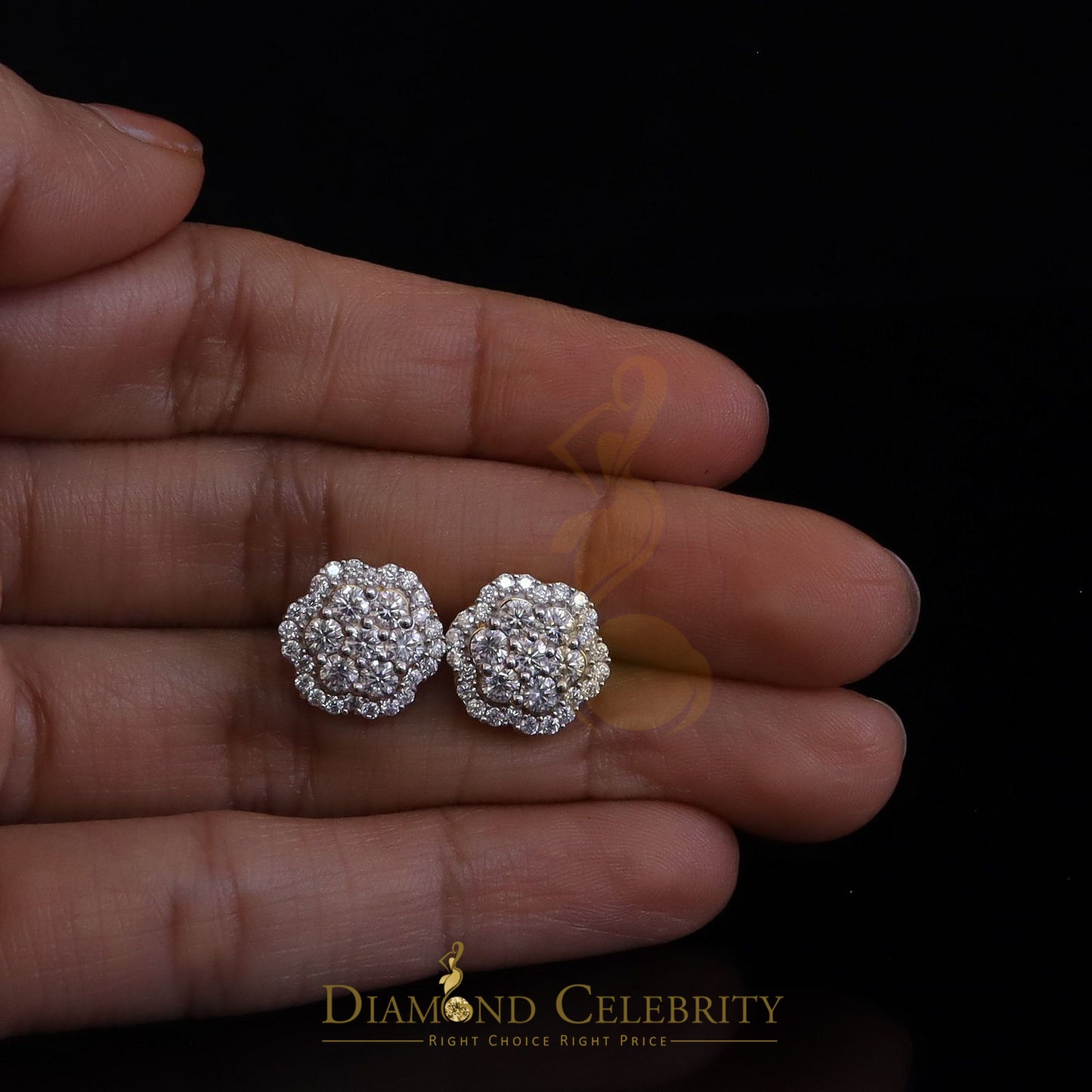 DiamondCelebritees Puffy Men/Women's 925 Silver Yellow 2.00ct VVS D Moissanite Floral Stud Earrings