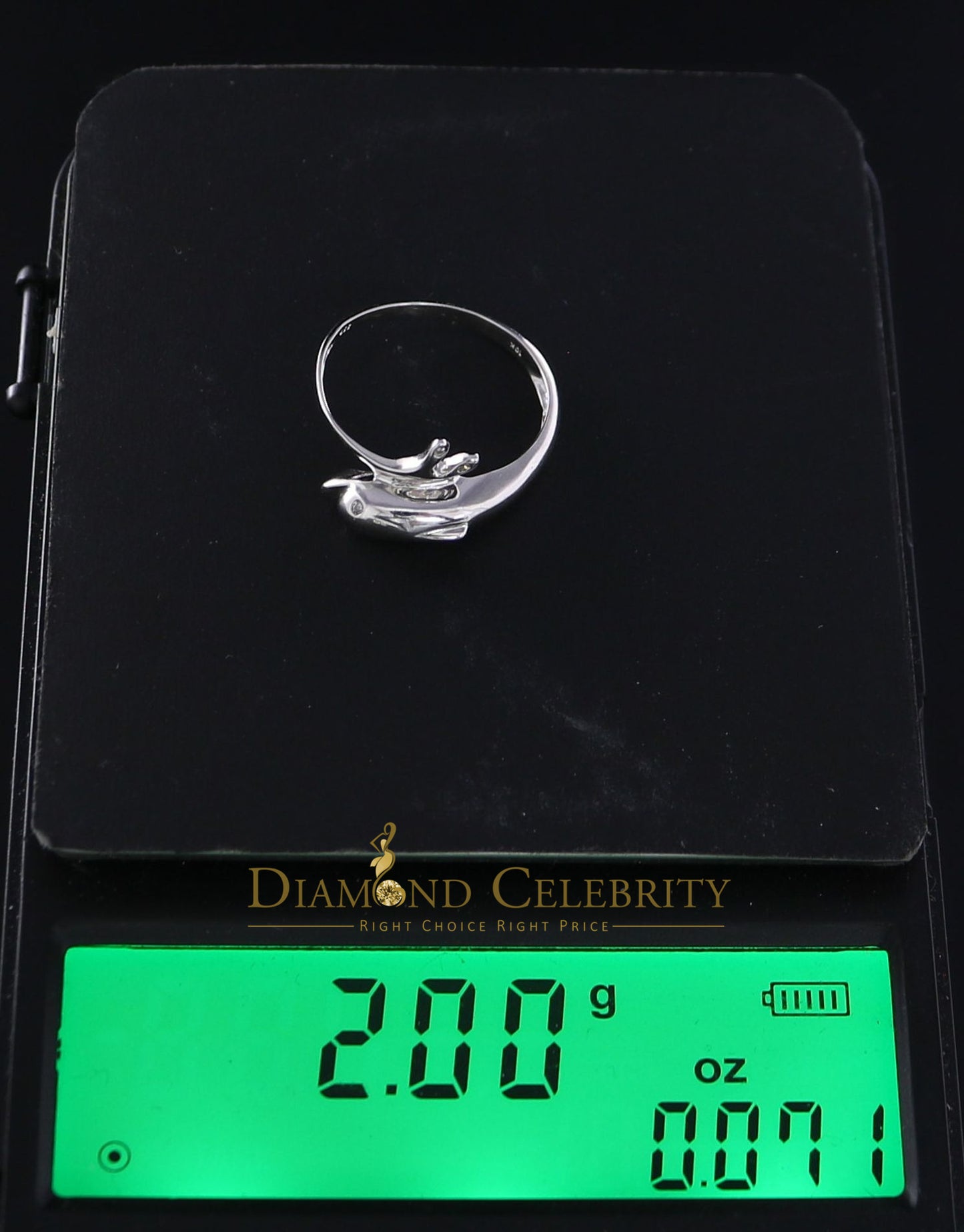 DiamondCelebritees Real 10 kt White Gold with 0.02 CT Genuine Diamond Cute Dolphin Ring Size 6.5
