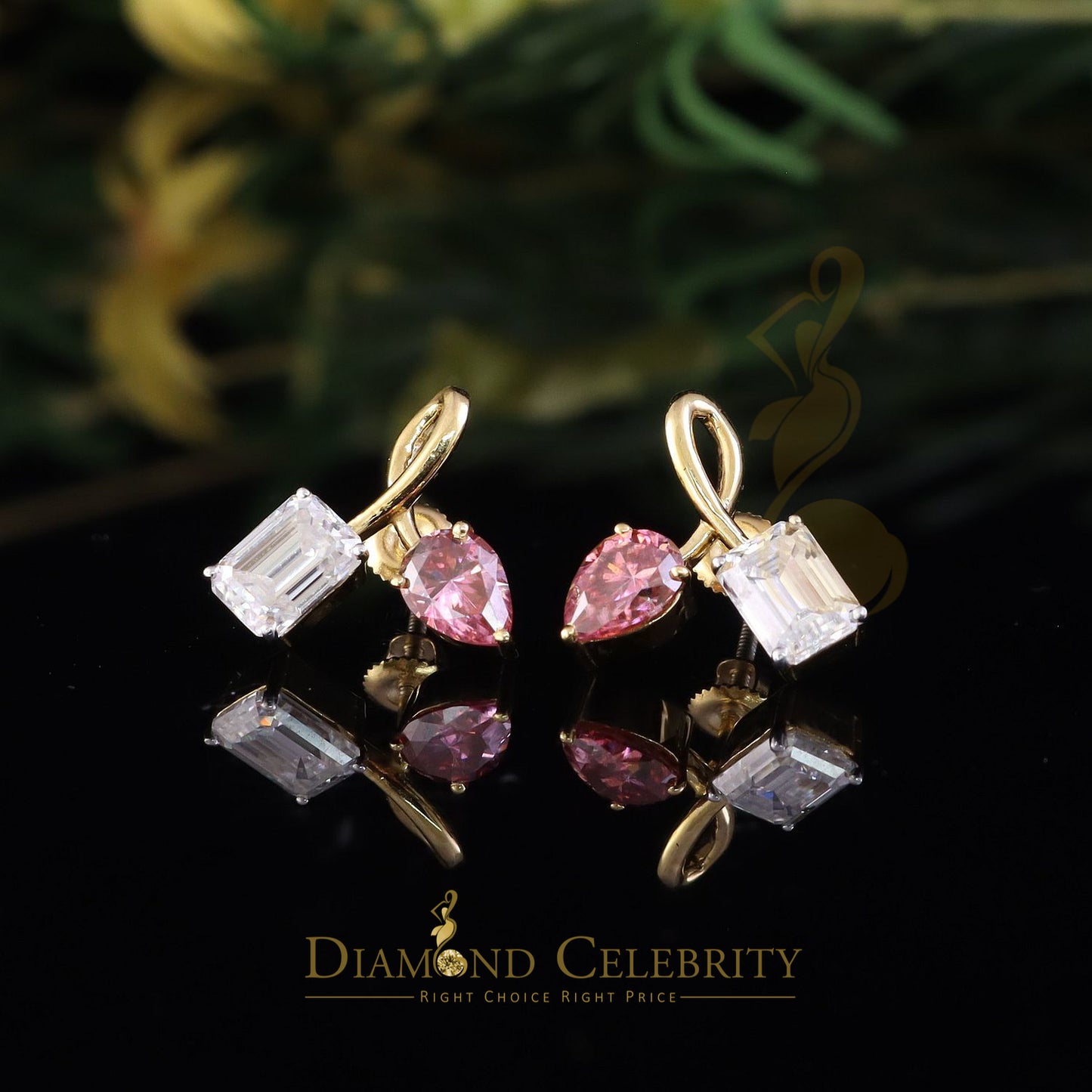 DiamondCelebritees Women's 925 Silver Yellow 3.50ct VVS D Pink Moissanite Toi et Moi Stud Earrings