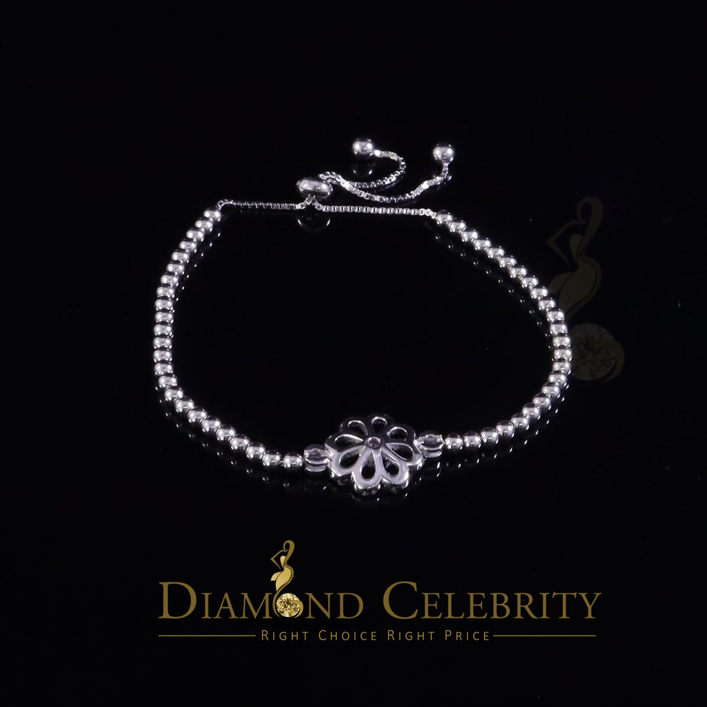 Diamondcelebritees White Sterling Silver Cubic Zirconia Floral Shape Bracelet Adjustable SZ 7 Inch