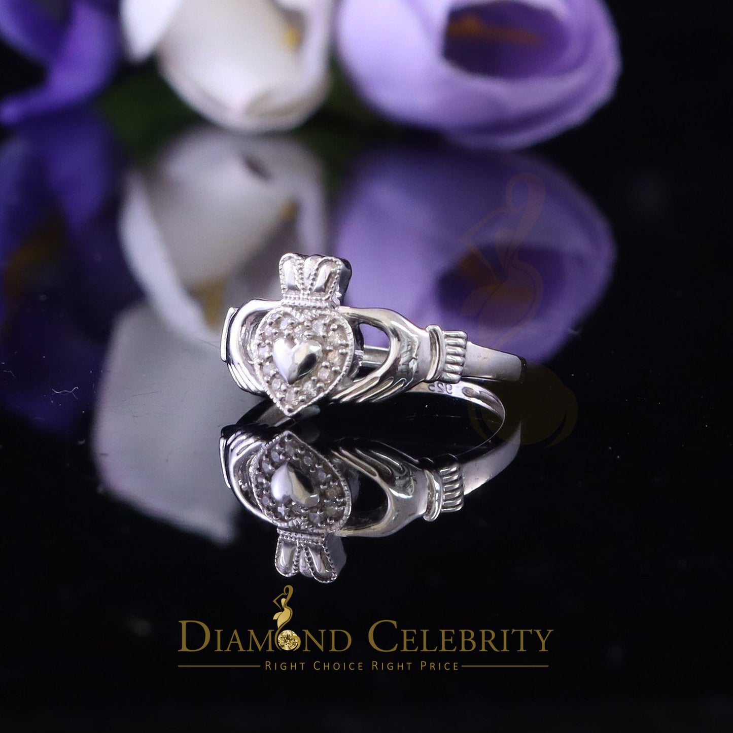 DiamondCelebritees Sterling White Silver 0.16ct Cubic Zirconia Promise Heart Crown Womens Ring SZ 7