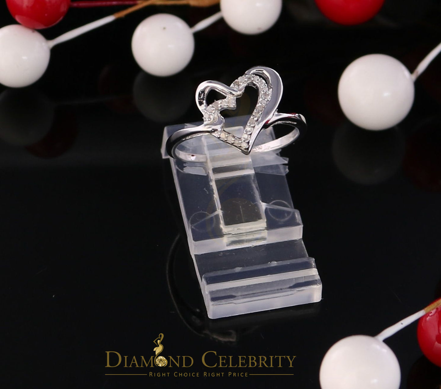 DiamondCelebritees 0.11 CT Real Diamond Womens Heart Shape 925 Sterling Silver White Ring Size 7