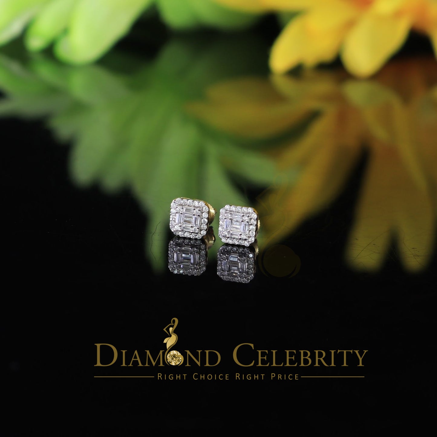 DiamondCelebritees 925 Yellow Silver 0.64ct Cubic Zirconia Women's & Men's Hip Hop Square Earrings