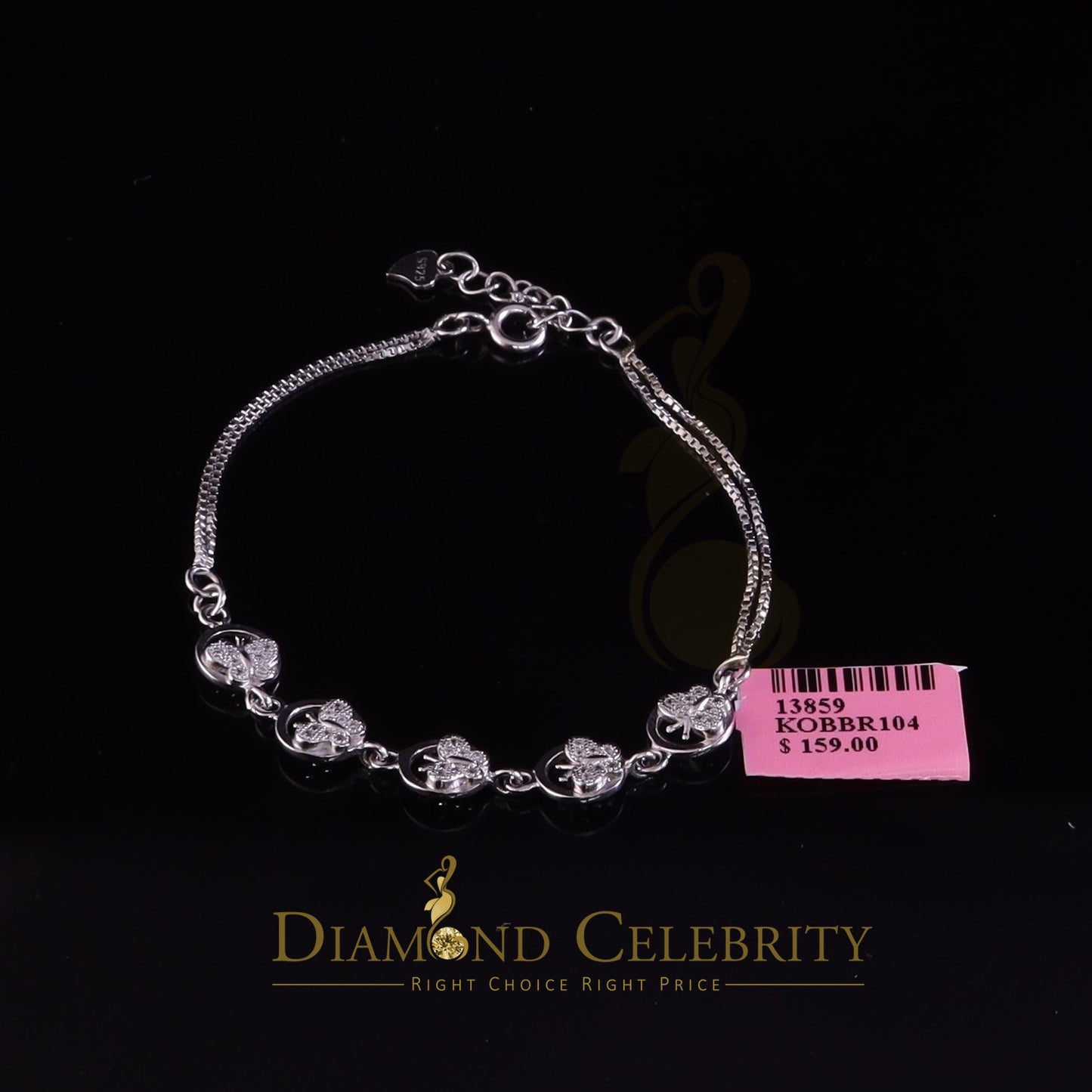 Diamondcelebritees 925 Sterling Silver Butterfly Bracelet White with Cubic Zirconia Size 7 Inch