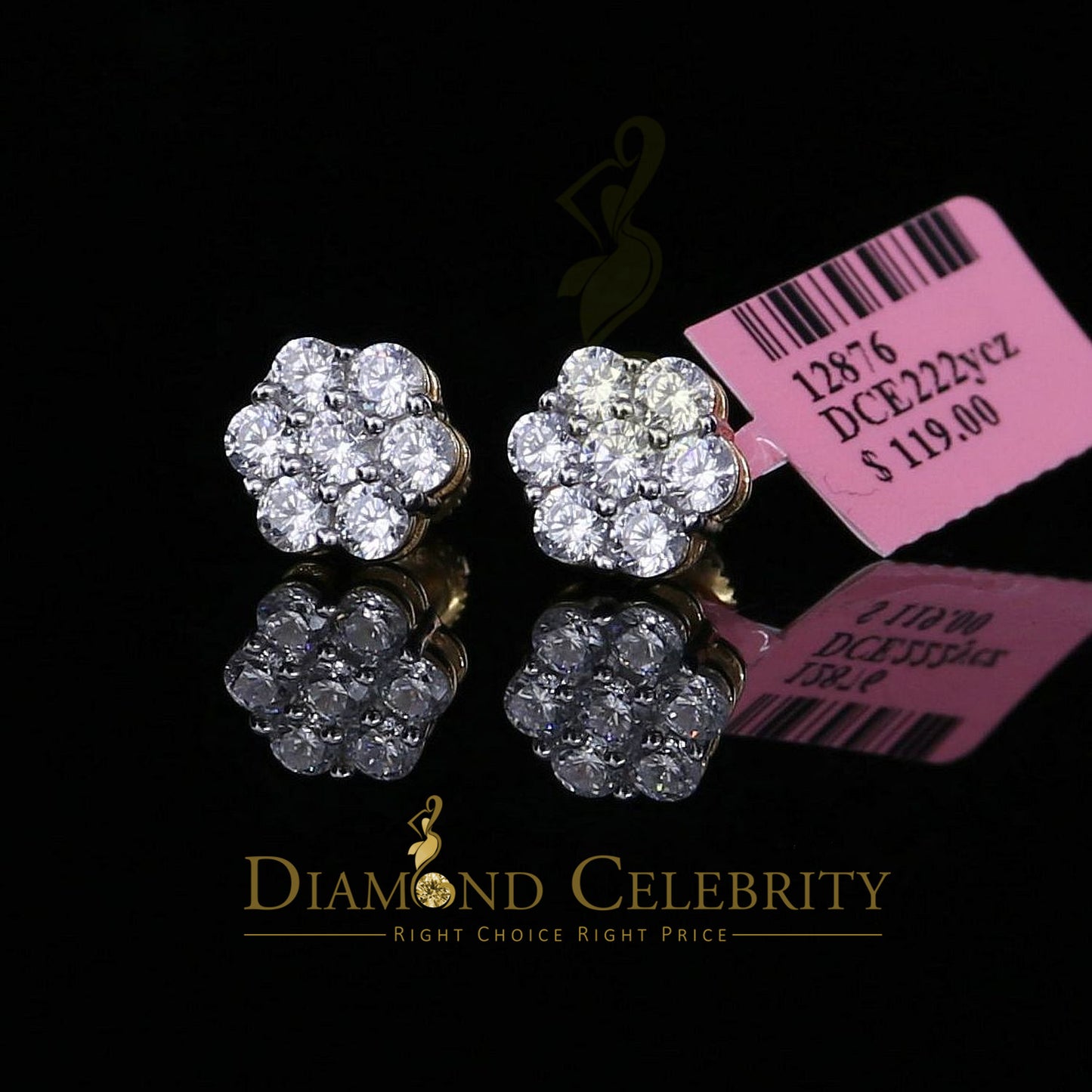 DiamondCelebritees 2.66ct Cubic Zirconia 925 Yellow Silver Women's & Men's Hip Hop Floral Earrings
