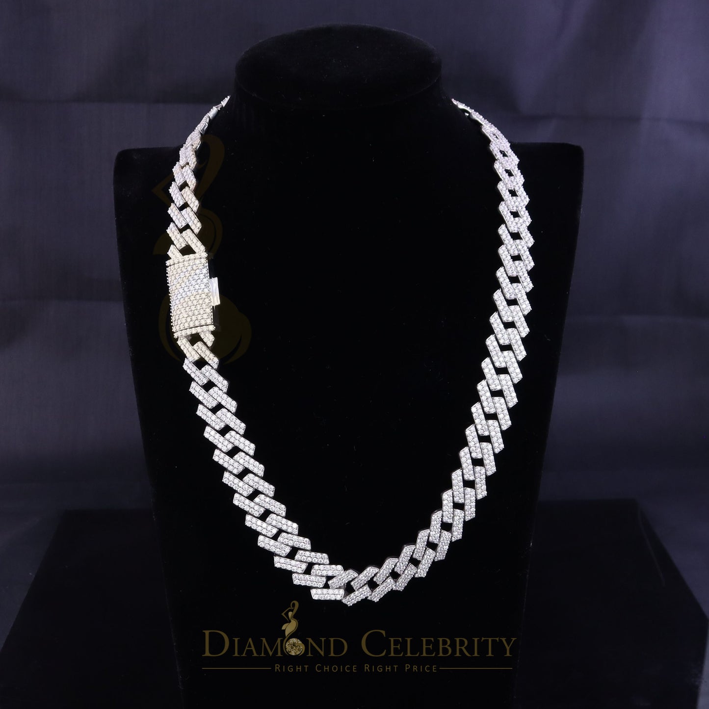 DiamondCelebritees 925 Silver 40ct Moissanite White Men's Cuban Necklace SZ 20inch & 16mm Width