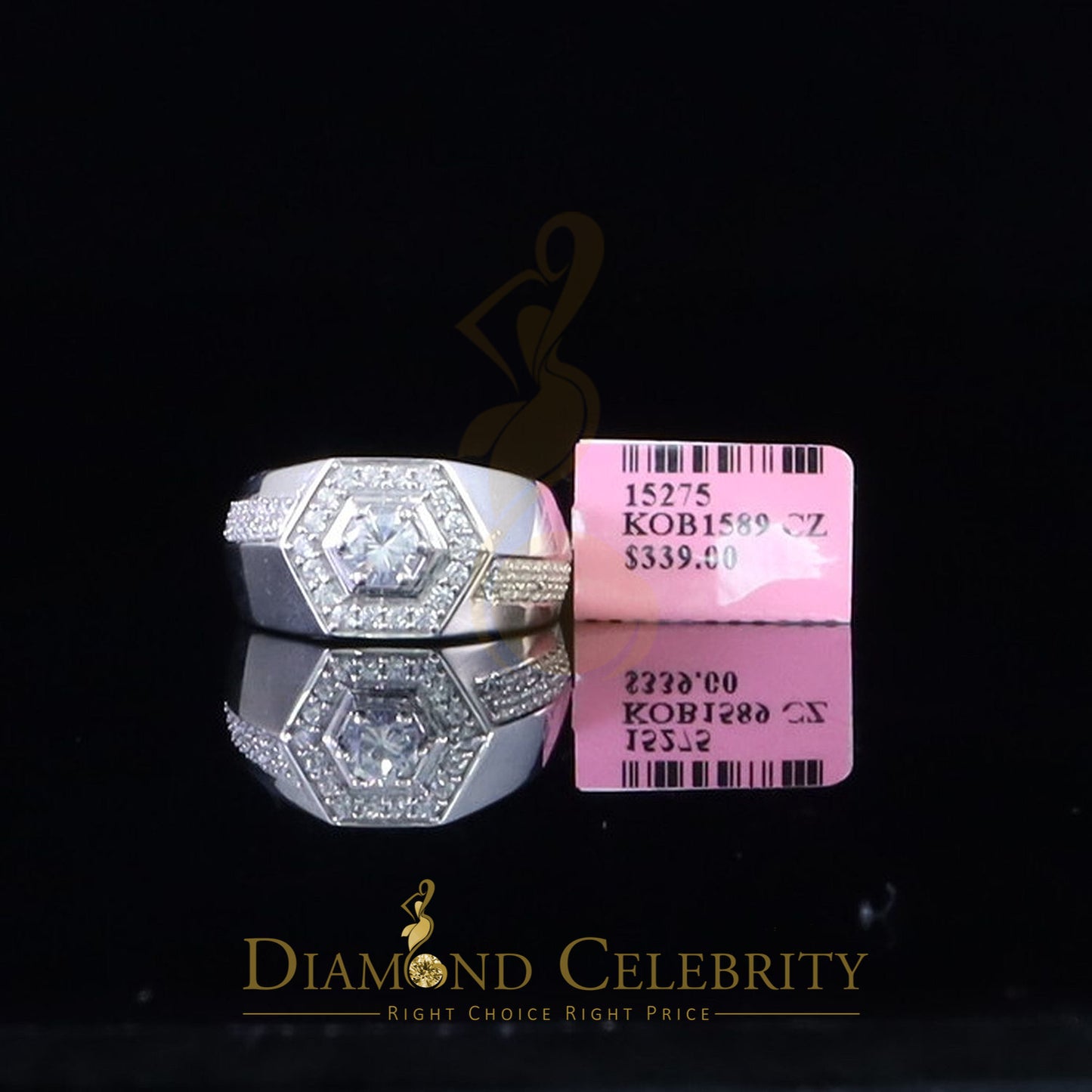 DiamondCelebritees 925 White Sterling Silver Cubic Zirconia 2.44ct Men Adjustable Ring Size 8 to 10