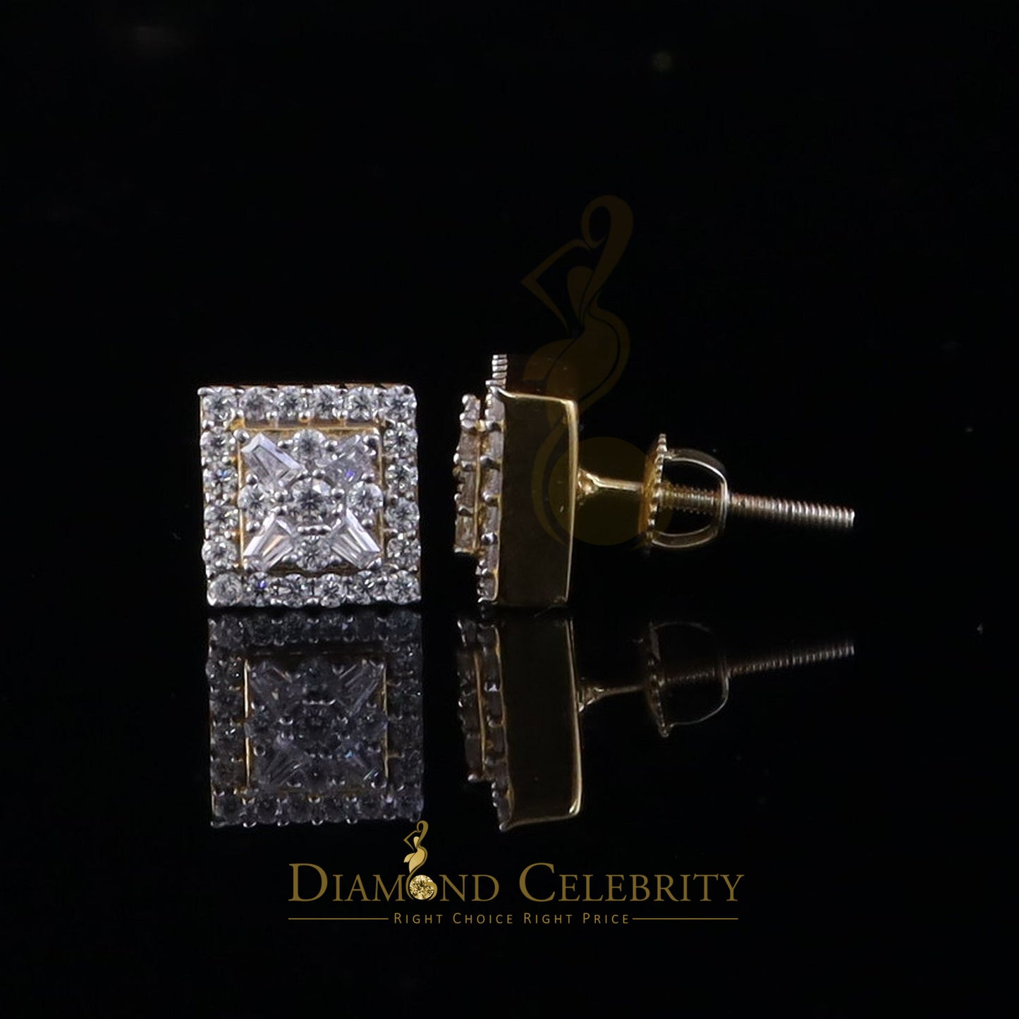 DiamondCelebritees New Women's/Men's 925 Silver Yellow 0.75ct VVS D Moissanite Square Stud Earrings