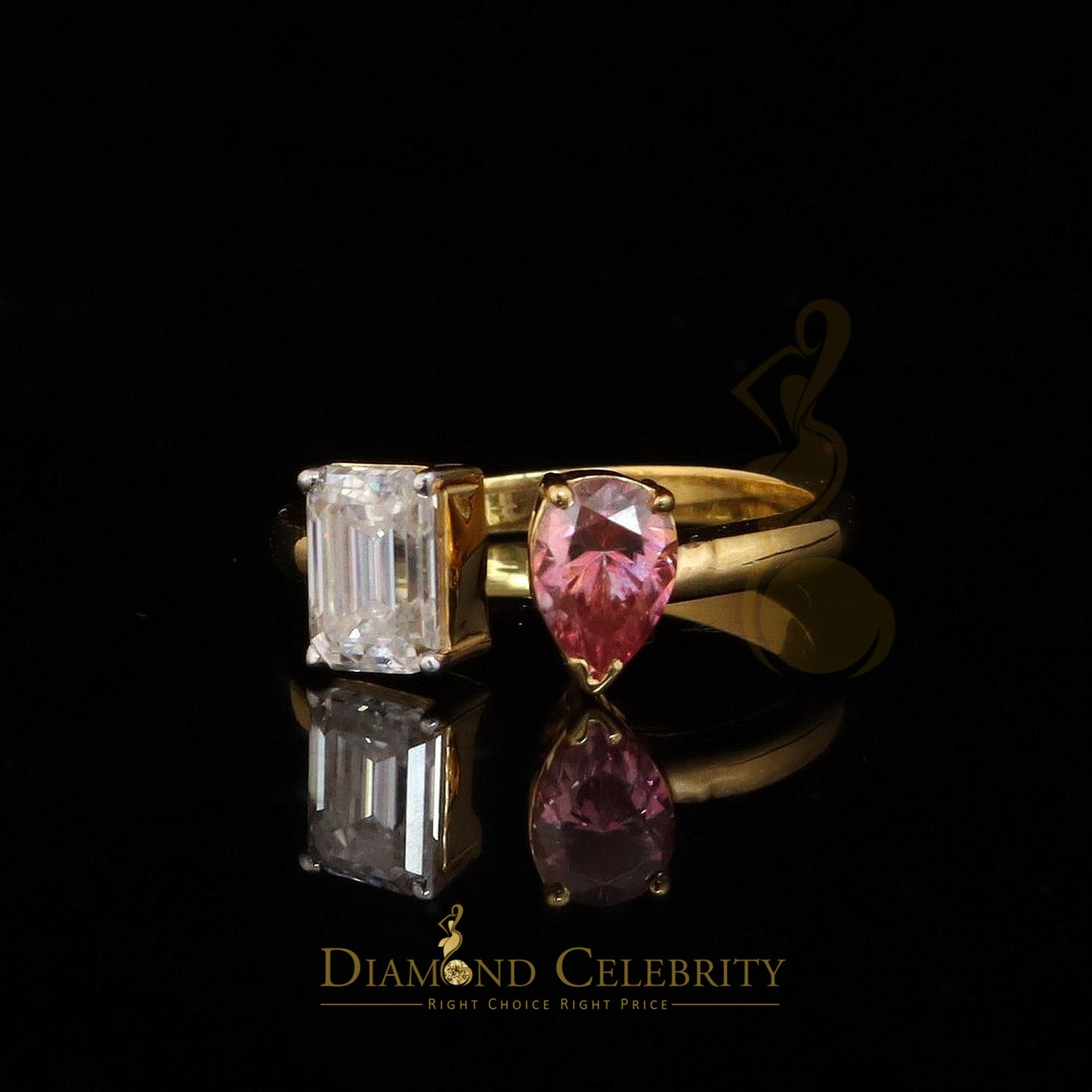 DiamondCelebritees 2.00CT Women's925 Silver Yellow VVS D Pink&White Moissanite Pear Emerald RingSZ7