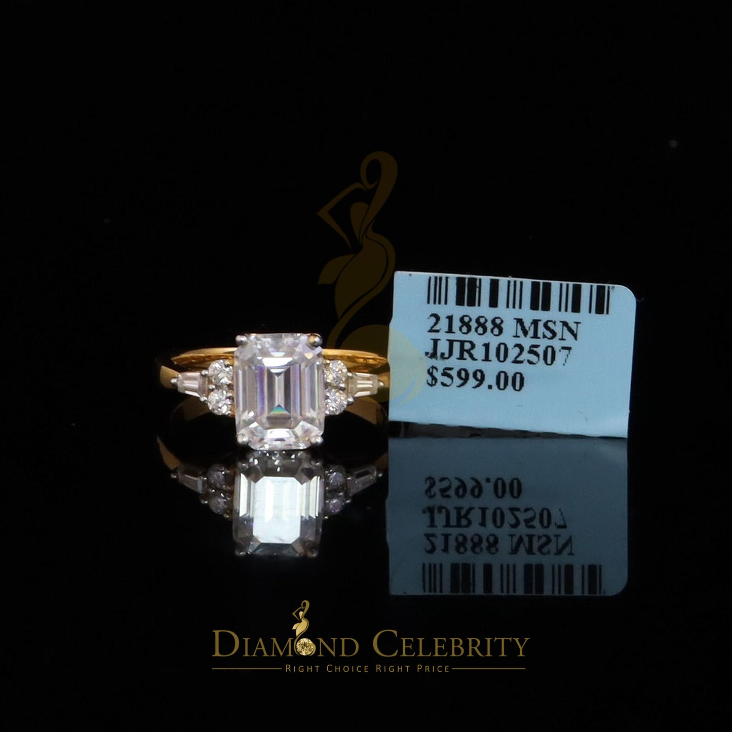 DiamondCelebritees 3.00CT Women's 925 Silver Yellow VVS D Moissanite Emerald-cut Ring SZ 7
