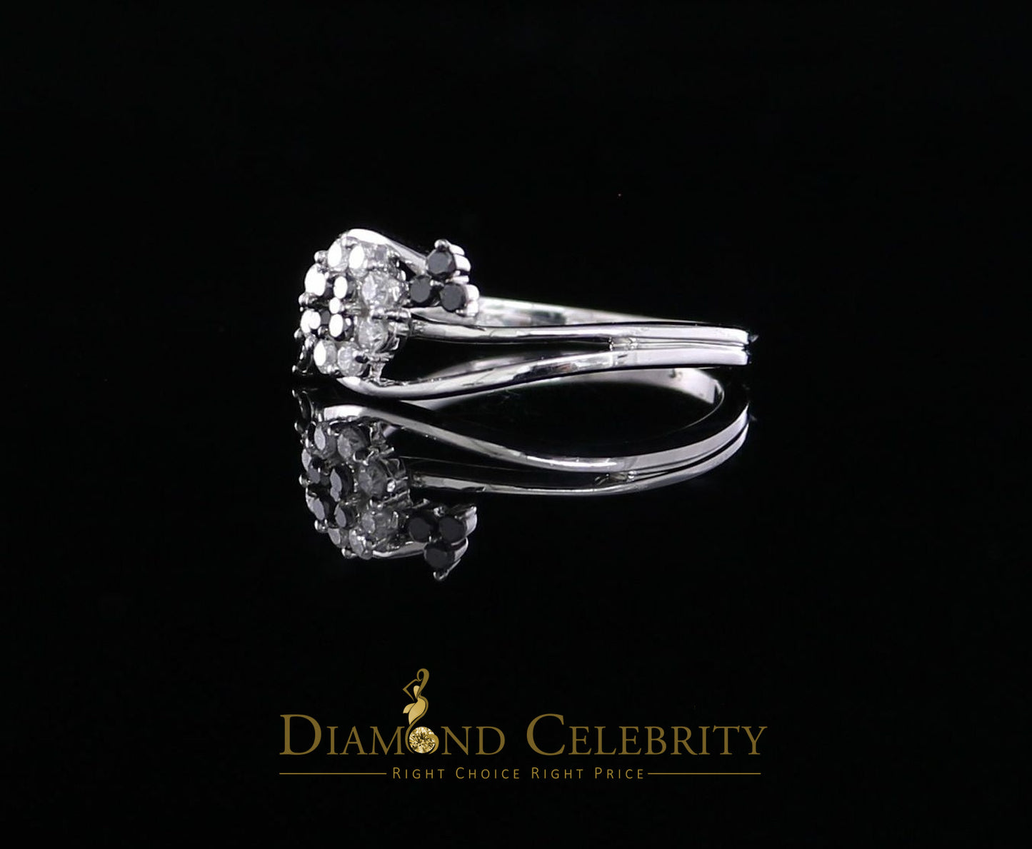 DiamondCelebritees Real 10kt White Gold Real 0.33CT Diamond Floral Shape Black Stone Ring size 7