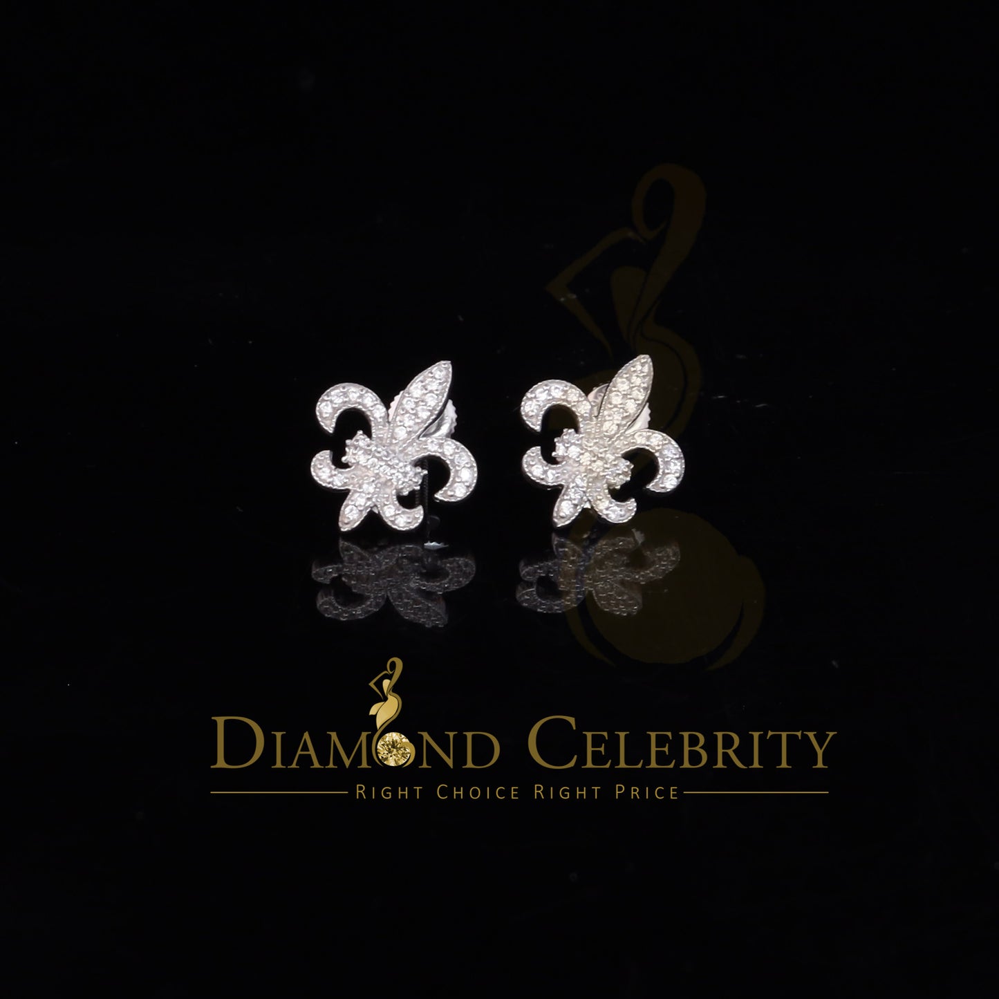 DiamondCelebritees Fleur de Lis White Silver Screw Back 0.62ct Cubic Zirconia Women Stud Earrings