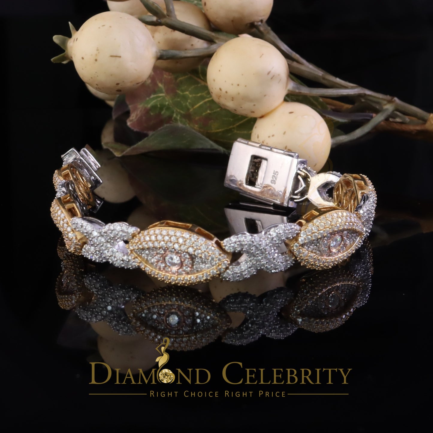 Diamondcelebritees 15.00ct Silver White 925 Moissanite Evil Eye Mens/Womens link Bracelet 8 Inch.