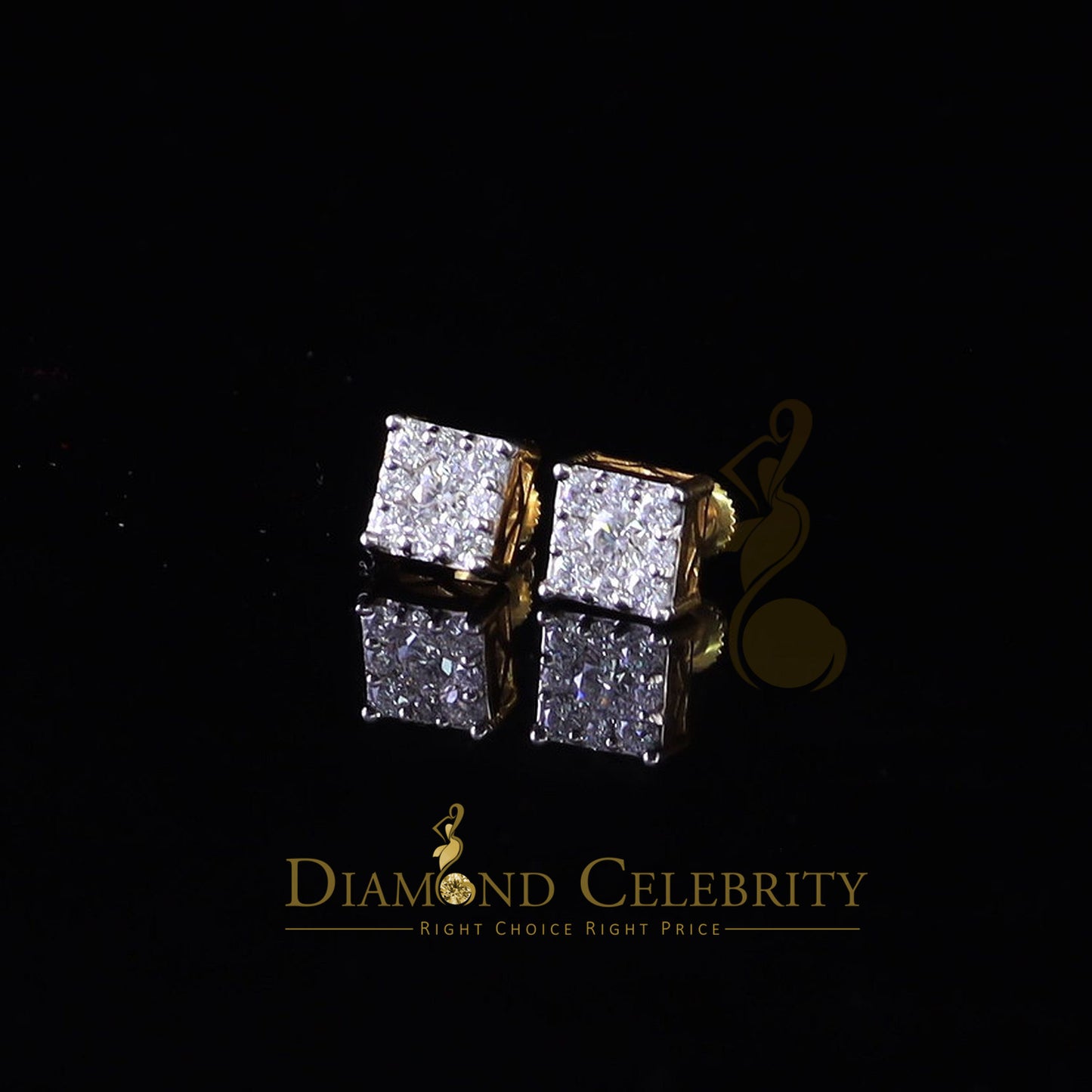 DiamondCelebritees Real Moissanite Stud Square Earrings 10k Real Yellow Gold 1.00ct VVS 'D' Color