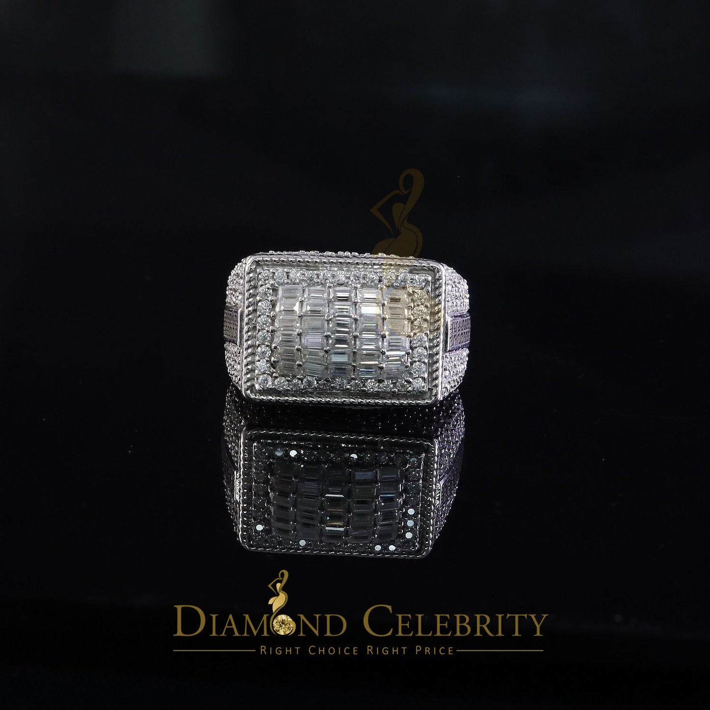 DiamondCelebritees Men's for 925 White Silver 4.50ct VVS 'D' Moissanite Rectangle Rings Size 10
