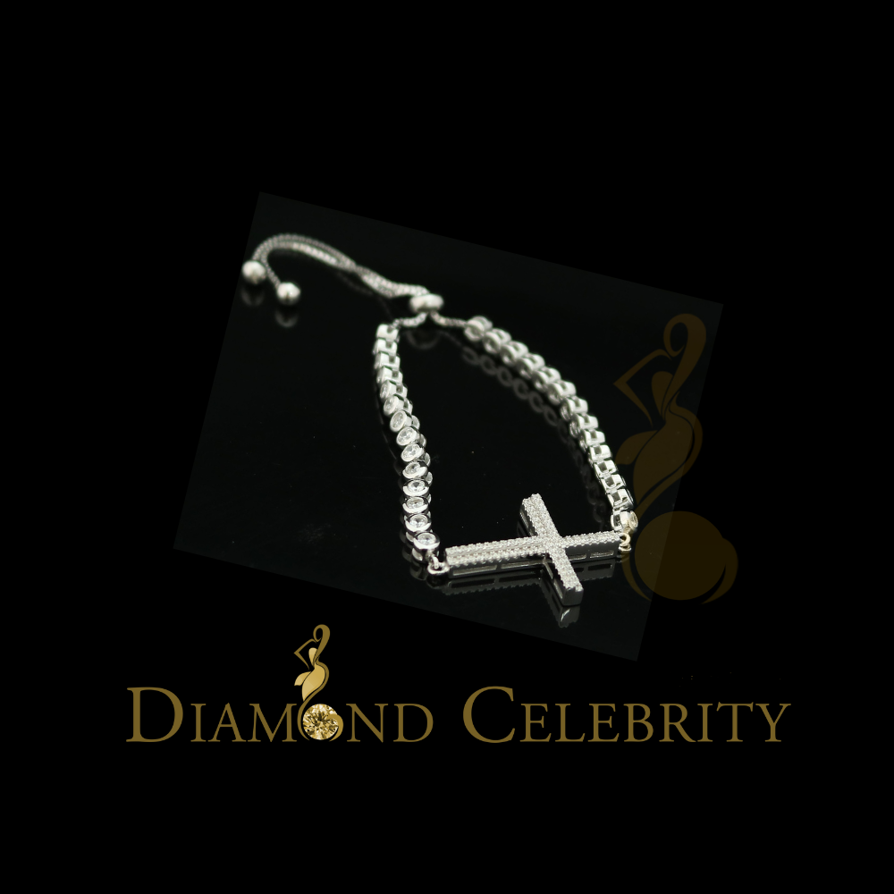 Diamondcelebritees White Sterling Silver Cross Shape Bracelet Cubic Zirconia Adjustable Size