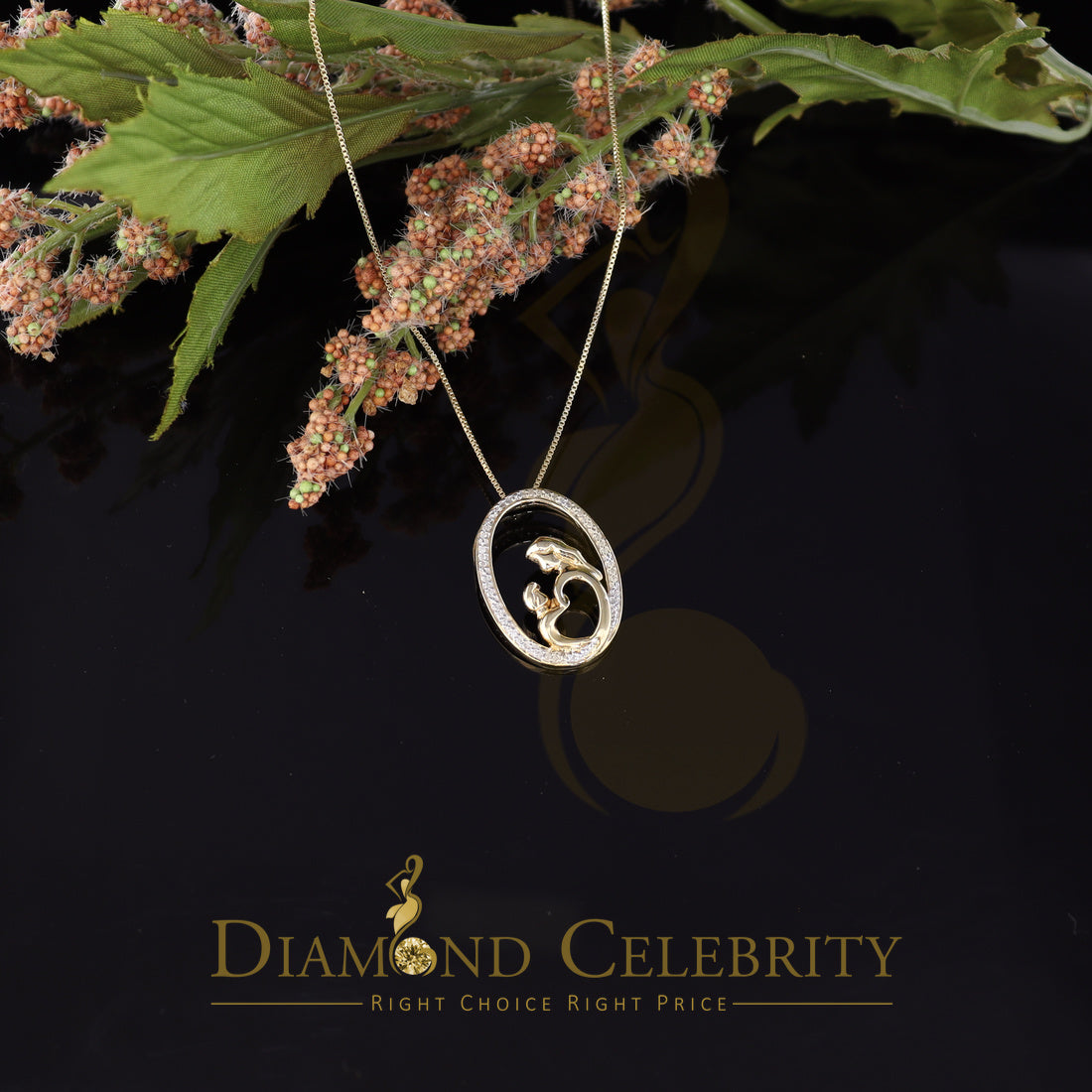 DiamondCelebritees Real 0.10ct Diamond 925 Sterling Silver MOTHER'S CHILD LOVE Yellow Pendant