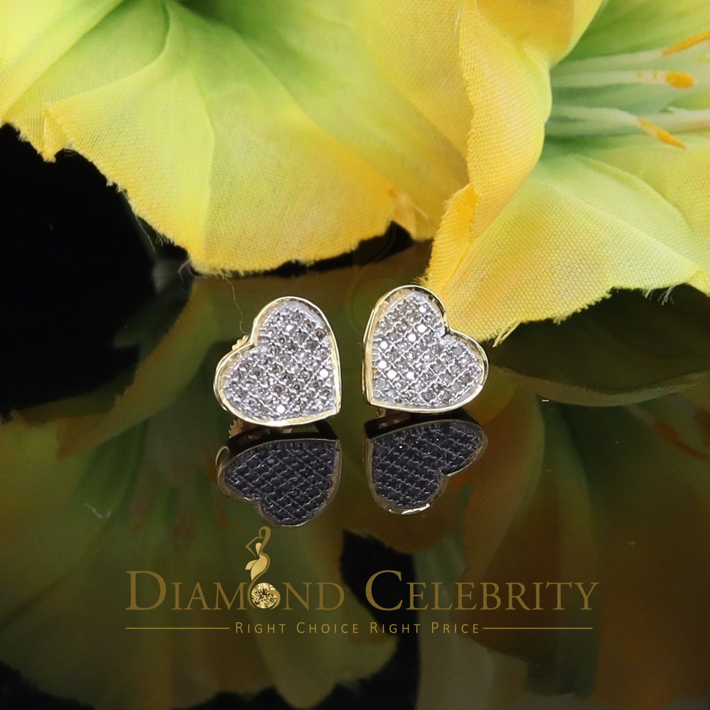 DiamondCelebritees Real 10K Yellow Gold Heart Round Stud 8.58mm Earrings with Real 0.25CT Diamonds