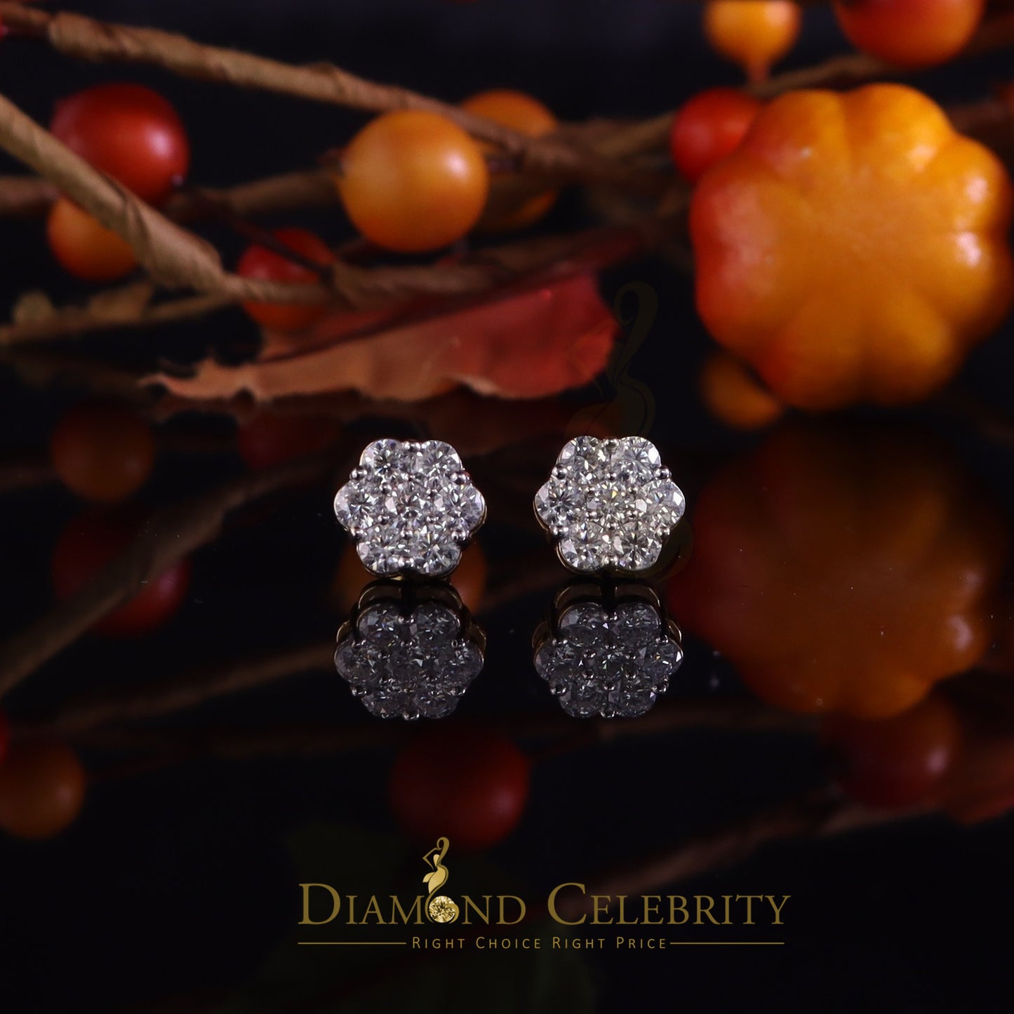 DiamondCelebritees Stud FLORAL Earrings 10k Real Yellow Gold 1.50ct VVS 'D' Color Real Moissanite