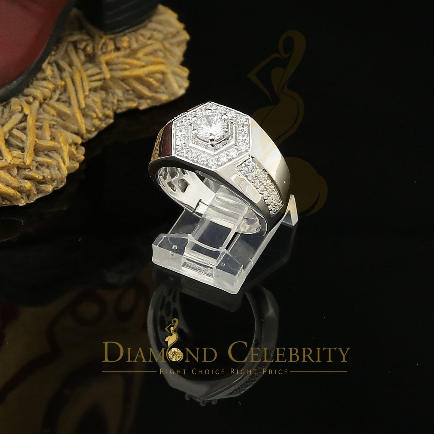 DiamondCelebritees 925 White Sterling Silver Cubic Zirconia 2.44ct Men Adjustable Ring Size 8 to 10
