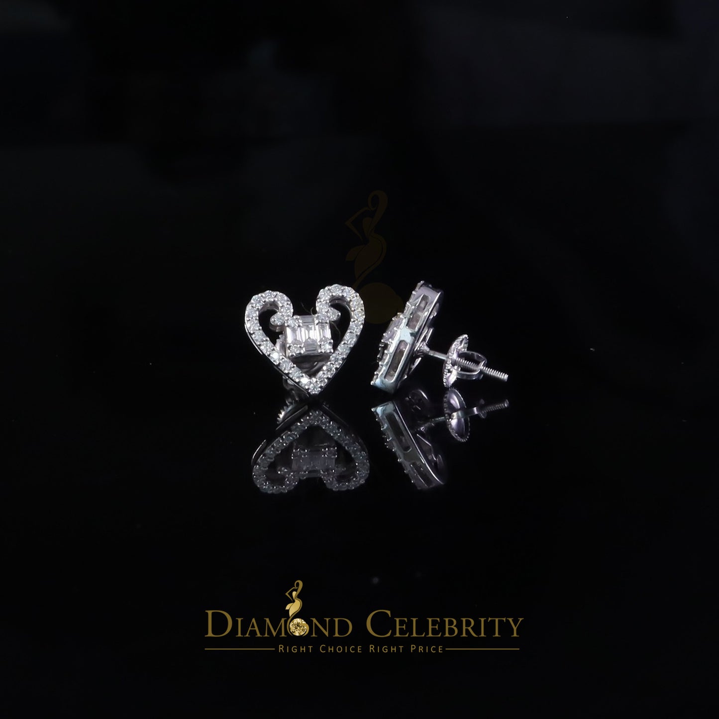 Diamondcelebritees Men/Women Stud 925White Silver Heart Baguette Earrings 1.00ct VVS D Moissanite