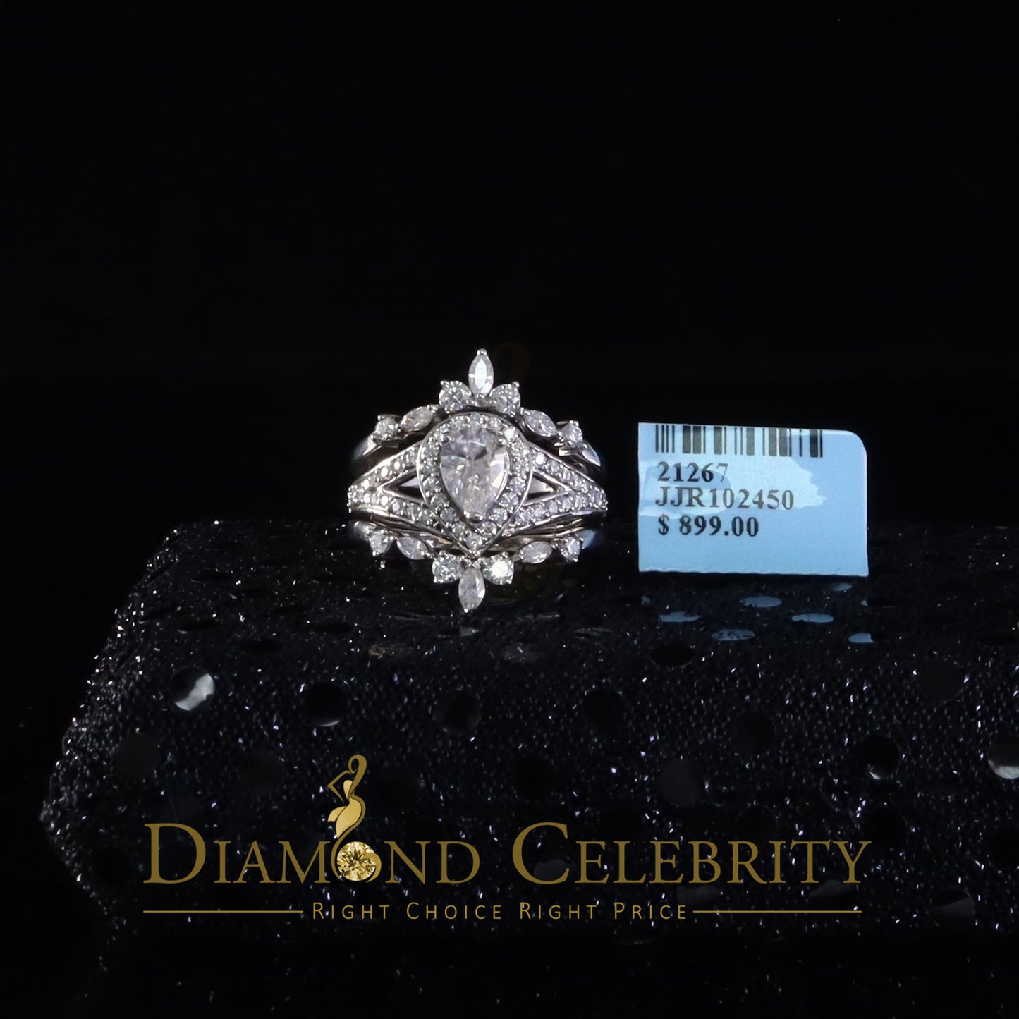 DiamondCelebritees Pear Shape Moissanite Women's 925 Silver White 1.66ct VVS 'D' Ring Guard Size 7