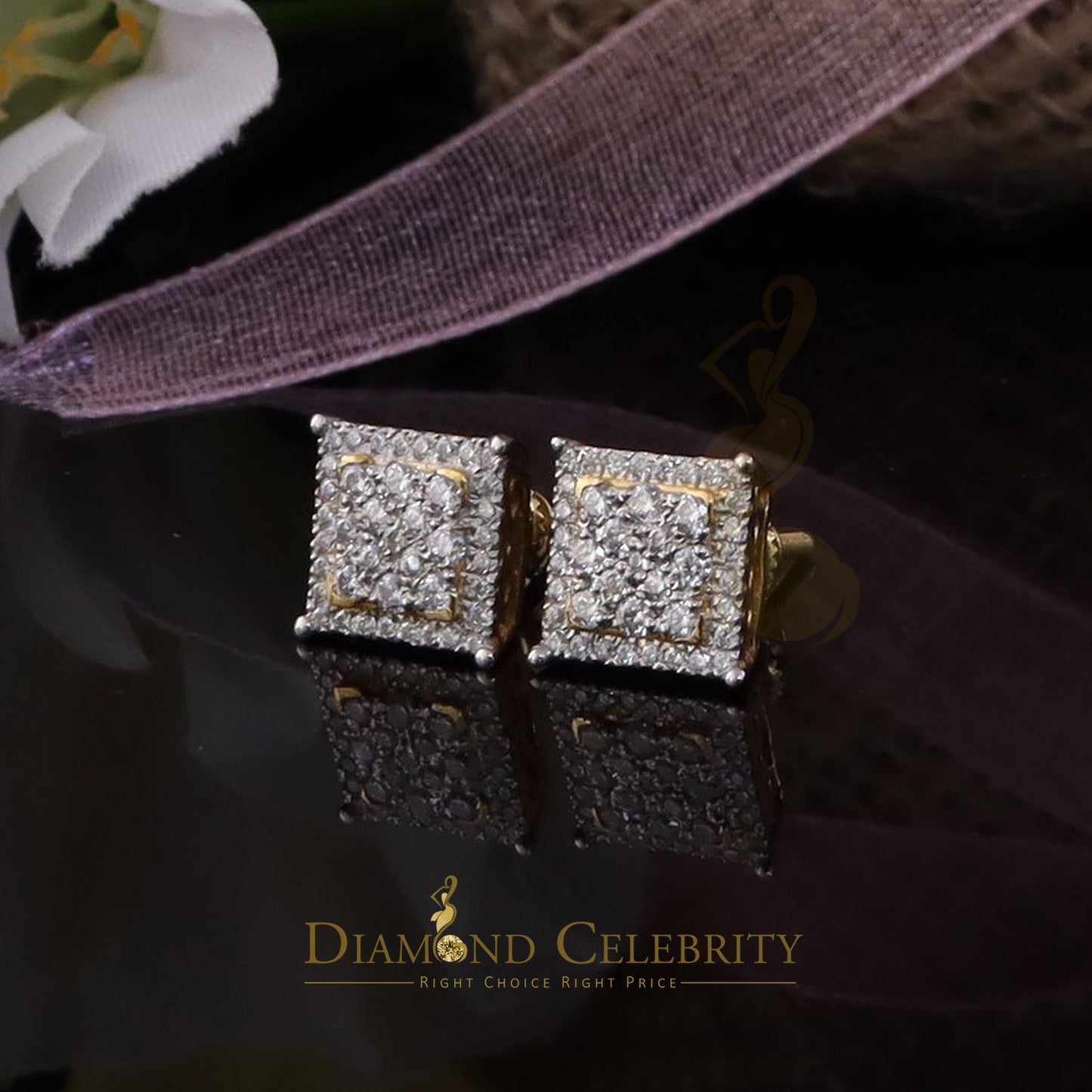DiamondCelebritees Men's/Womens 925 Silver Yellow 0.55ct VVS 'D' Moissanite Square Stud Earrings