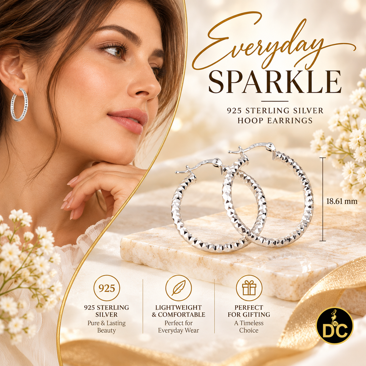 925 Sterling Silver Diamond-Cut Shimmering Honeycomb Textured 19mm Hoop Earrings