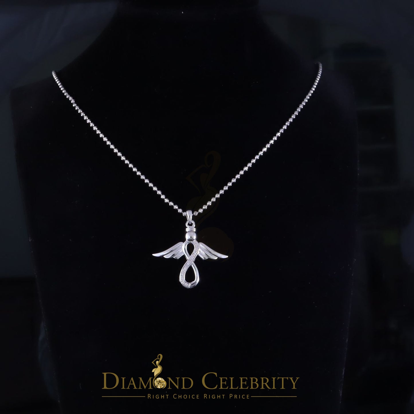 DiamondCelebritees  NEW Real 0.05CT Diamond Infinity with Wings Silver White Charm Necklace Pendant