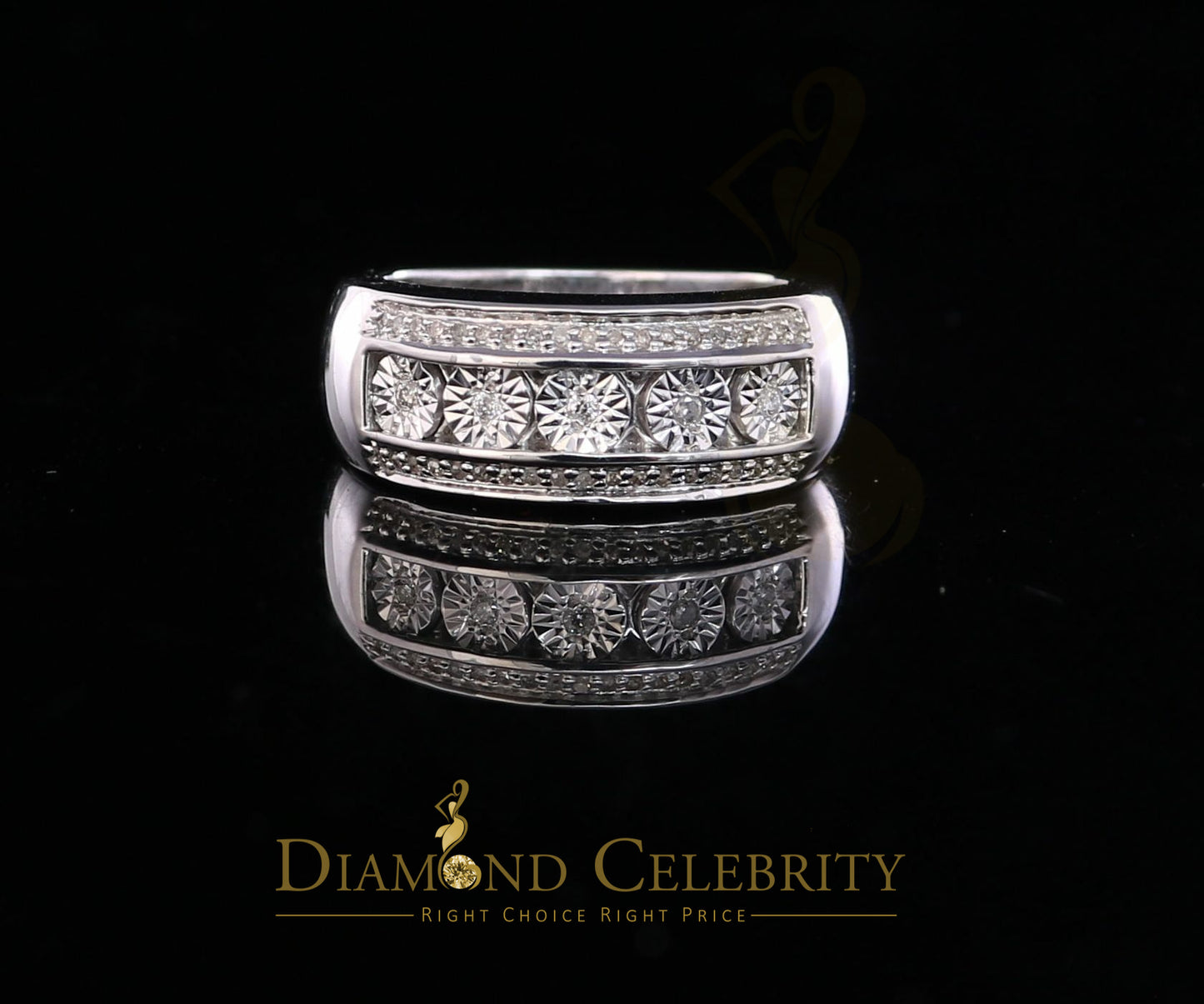 DiamondCelebritees 0.20 CT Real Diamond Men's 925 Sterling Silver White Band Big Ring Size 10.5