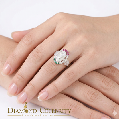 DiamondCelebritees White 925 Silver Saint Jude Thaddeus Pink & Green stone Women Religious Ring SZ7