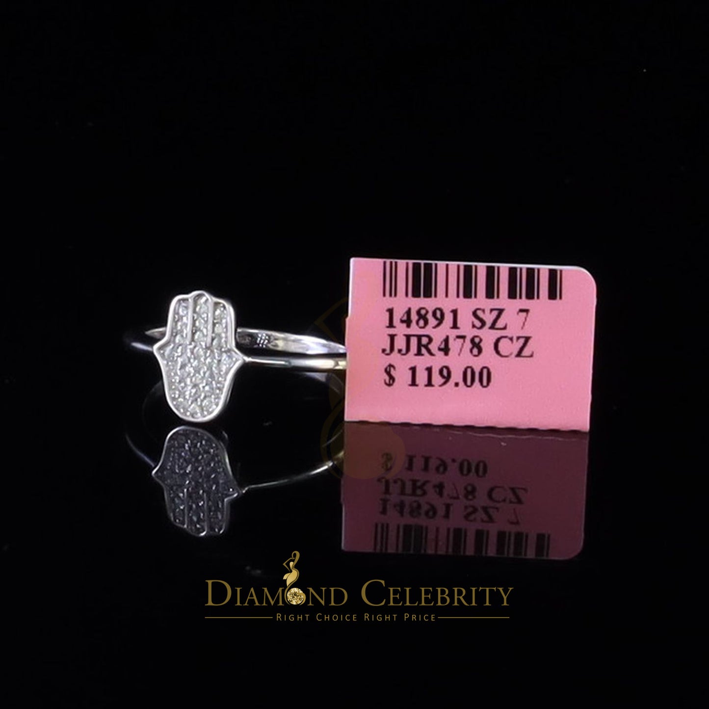 DiamondCelebritees 925 Sterling White Silver Shiny Hamsa 0.40ct Cubic Zirconia Women's Ring Size 6