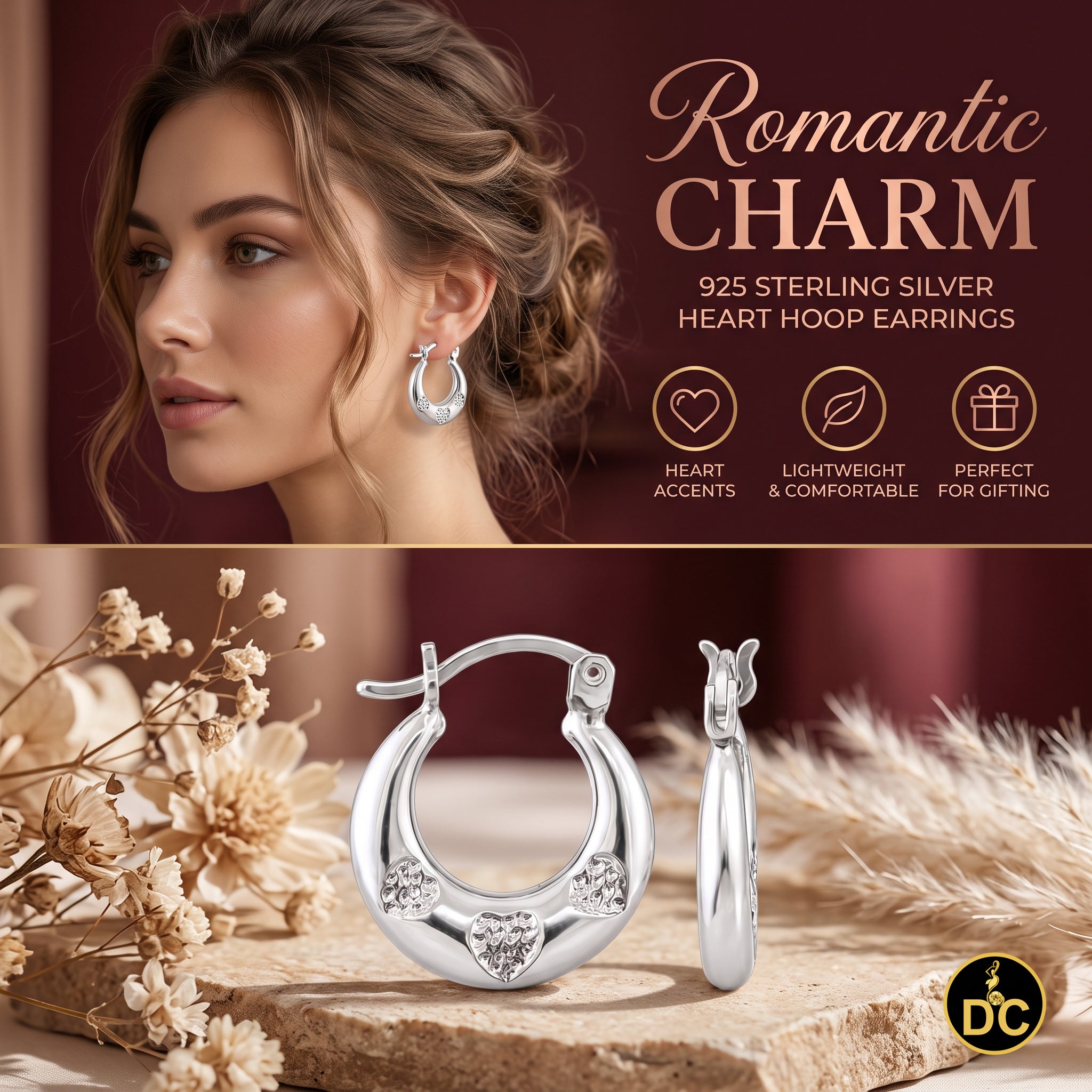 925 Sterling Silver 3/Texture Heart Accent Along curved Hallow 15mm Hoop Earring