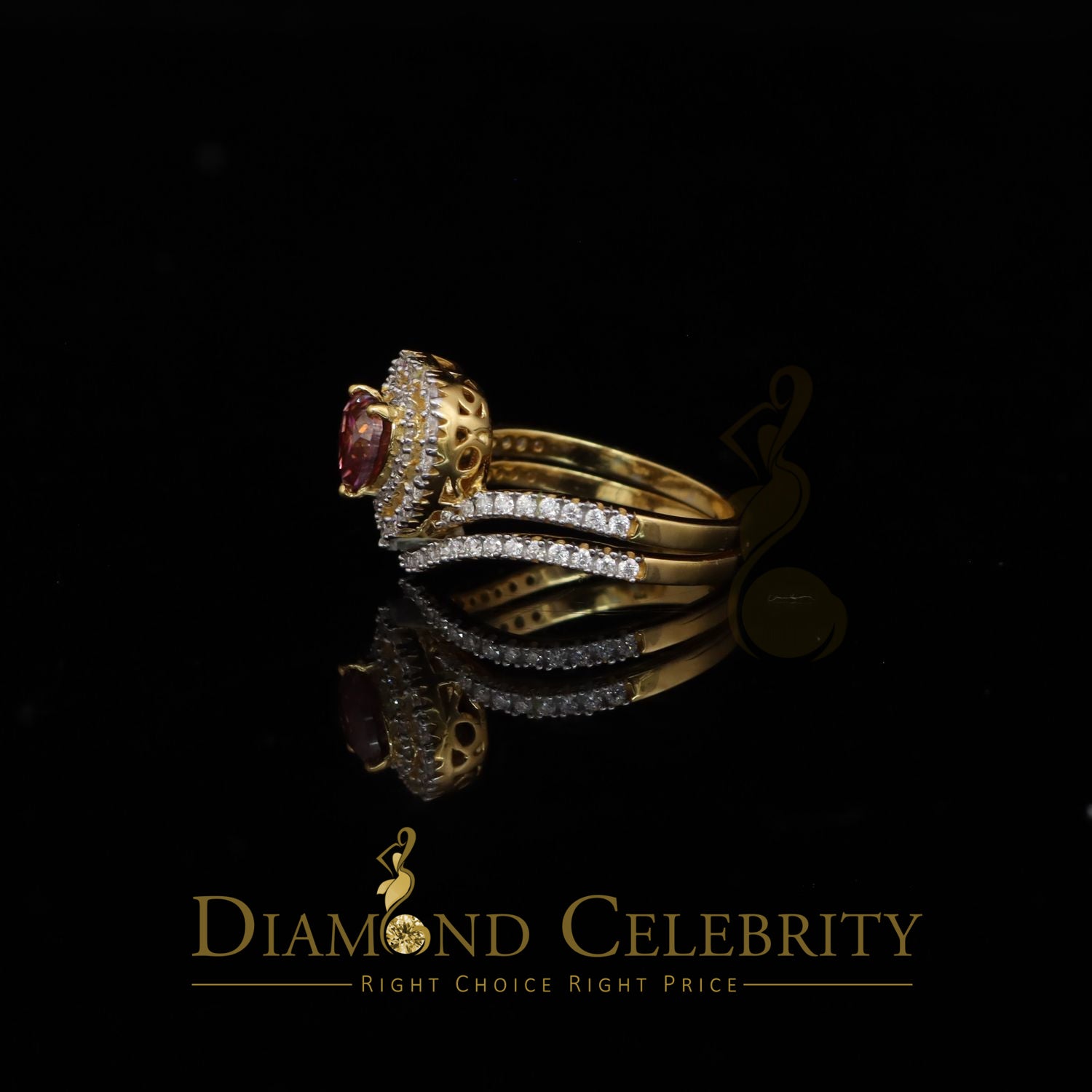 DiamondCelebritees Women's 925 Silver Yellow VVS 'D'1.66CT Pink Moissanite Heart Bridal Ring SZ 7